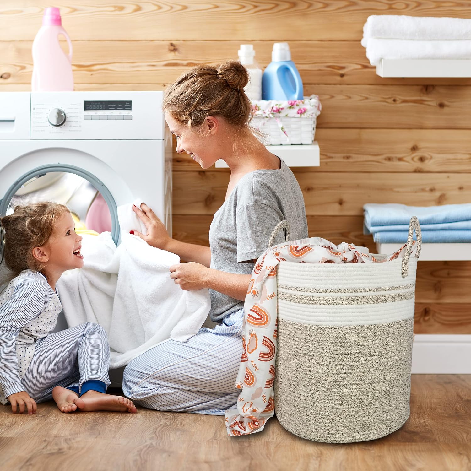 Cotton Rope Laundry Basket Hamper for Clothes Woven Storage Basket / Regular / Brown and White