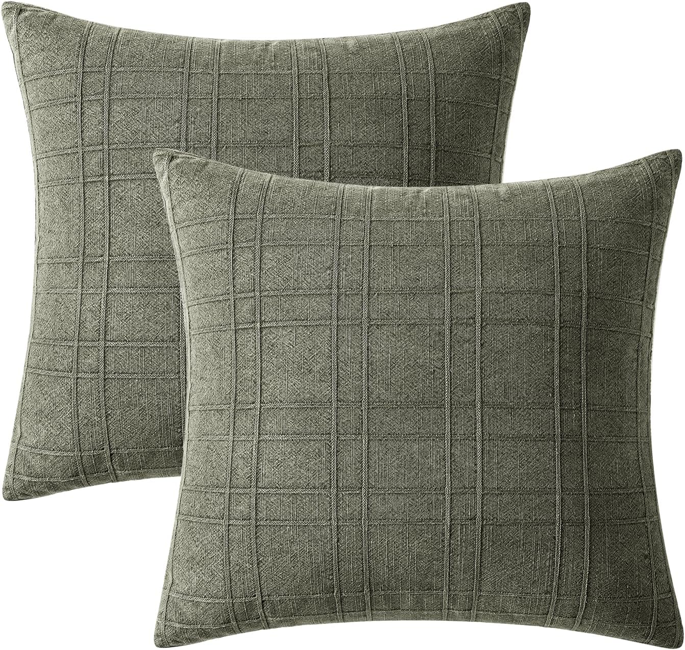 Decorative Linen Check Throw Pillow Covers Neutral Farmhouse / 18 x 18 / Olive Green / Set of 2