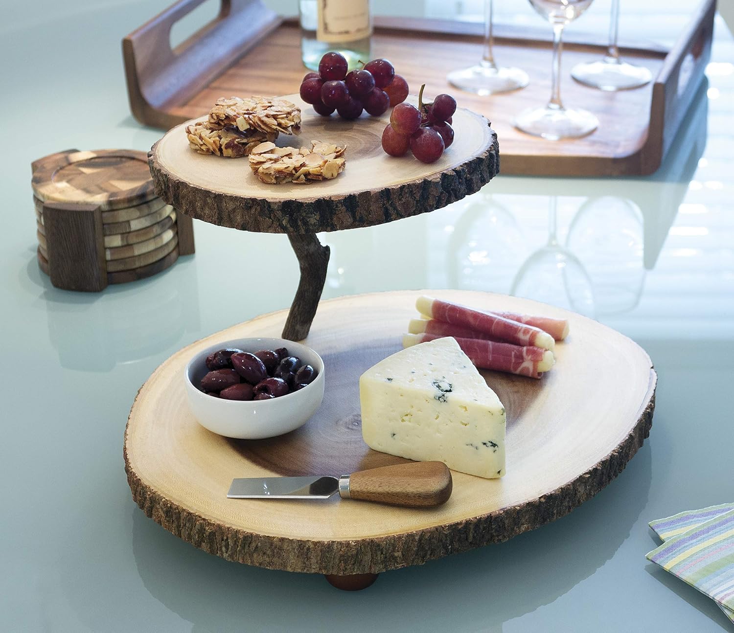 Acacia End Grain Wood Coasters and Caddy / Acacia - End Grain / Round / Round Coasters and 1 Holder
