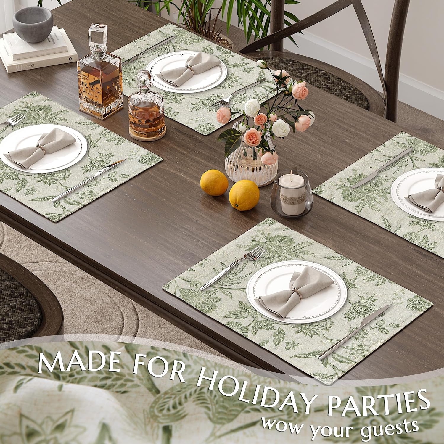 JINCHAN Sliva Linen Floral Placemats Set of 4 Farmhouse 13x19 Sage Green | Fabric Placemats, Cottage Style, Painterly