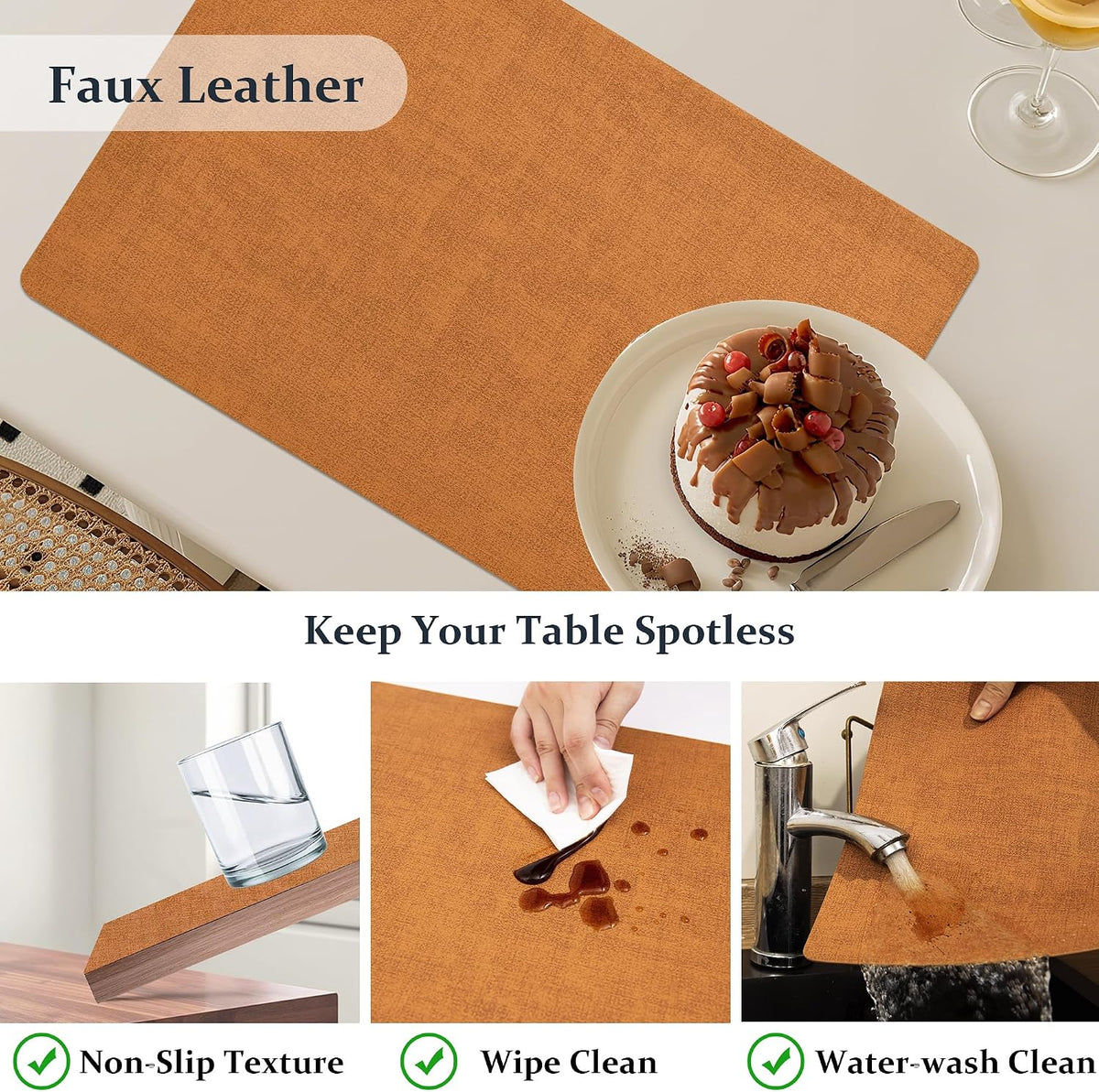 FROMHEART Faux Leather PU Placemats Set of 8 (Orange Grey,11.8" x 17") | Waterproof,Heat/Oil Stain-Resistant Table