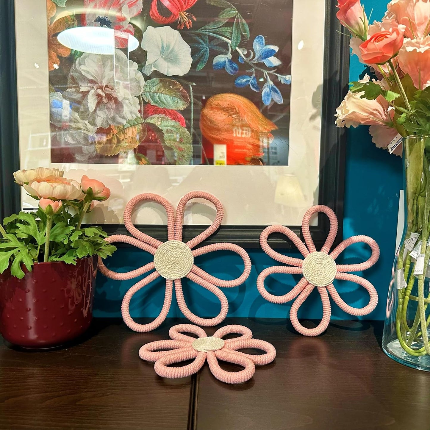 Boho Wall Decor Daisy Flower Wall Hanging Pendant Wall Art Sign / Floral / Pink / Set of 3
