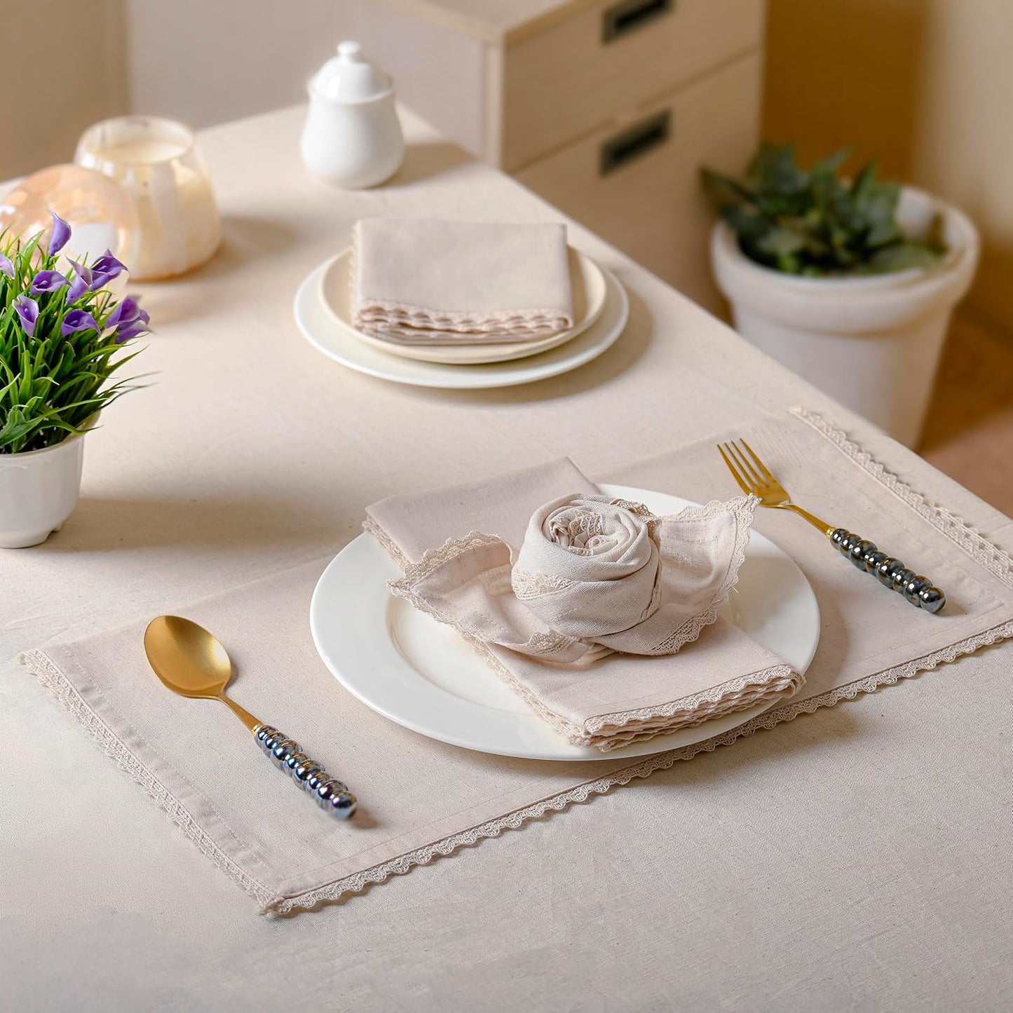 FINGERCRAFT Lace Cloth Napkins, Cotton Linen, 12 Pack, 20x20 Inch, Ivory | Premium Crochet lace, mitered Corners