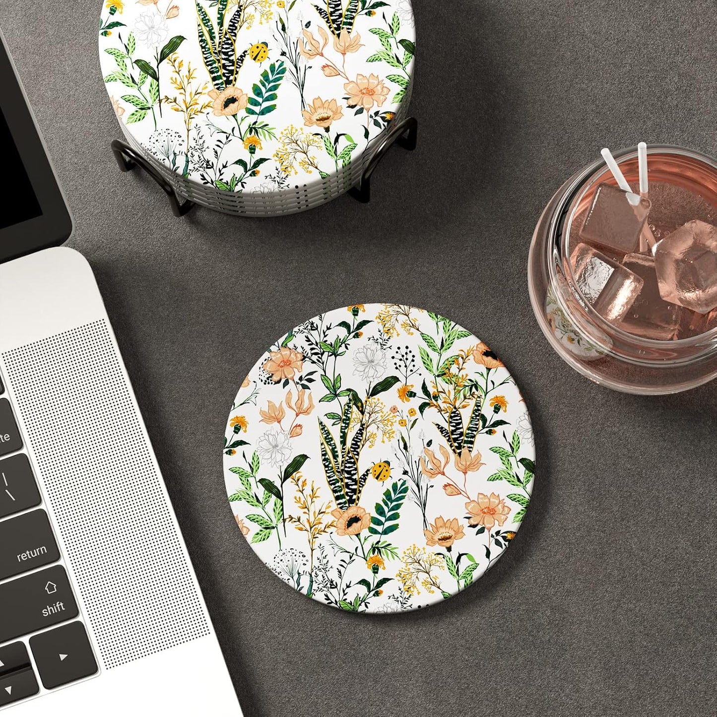 Holder and Cork Base / Flower Illustration 02 / Set of 6