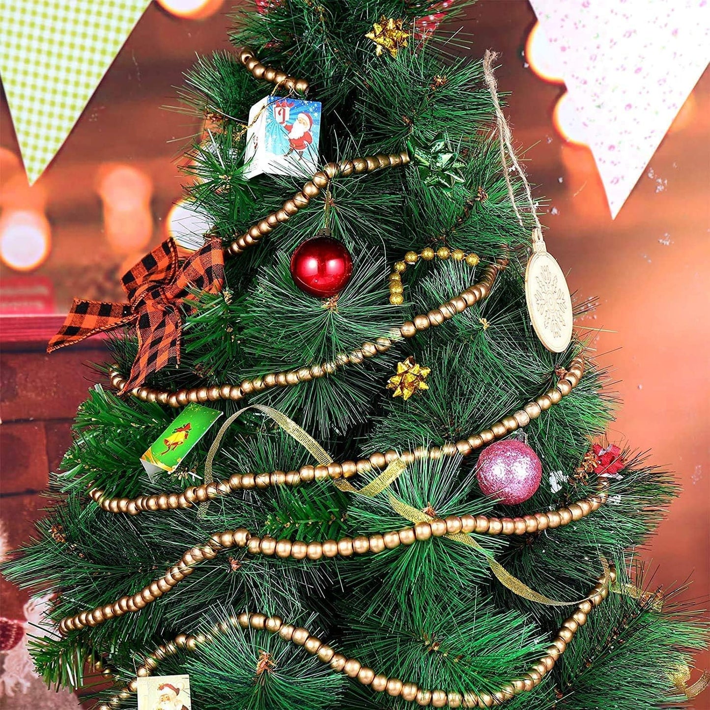 Christmas Wooden Bead Garland Wood Bead Garland Christmas Tree Decorations for Xmas Holiday / Gold