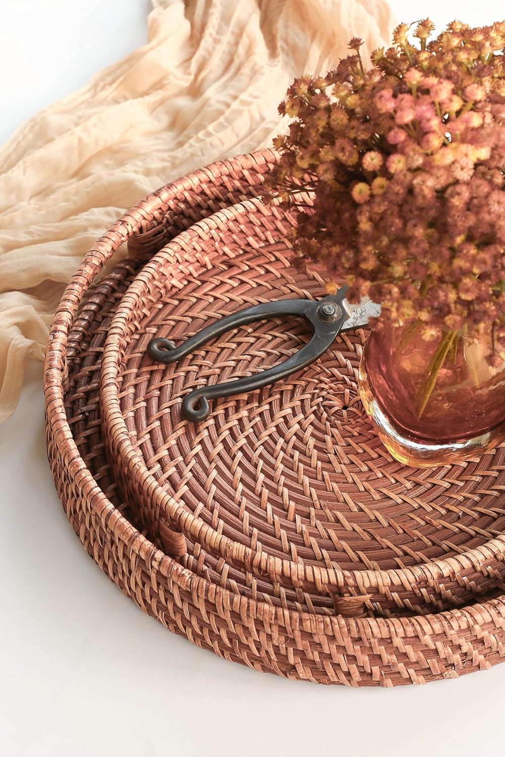 11.8" Hand-Woven Round Rattan Serving Tray Decorative Wicker Trays / Medium / Honey Brown