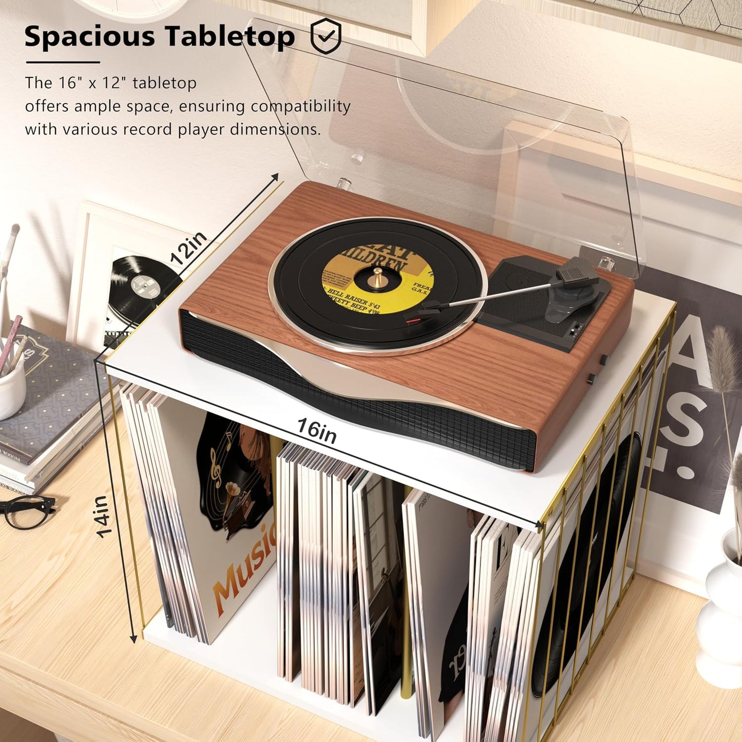 Emfogo Vinyl Record Storage, Metal & Wooden Vinyl Record Holder Up to 80 Album, 3-Compartment Record Player Stand for