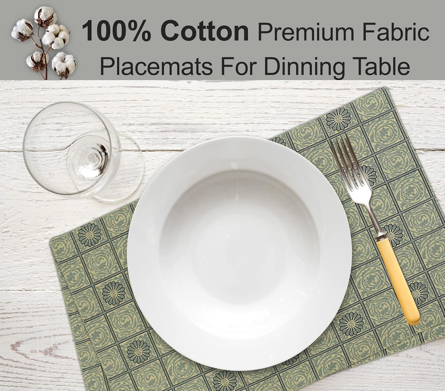 Ruvanti Placemats Set of 6, 100% Cotton Place Mats of 13"x19", Floral Tiles | Heat, Stain resistant, Washable