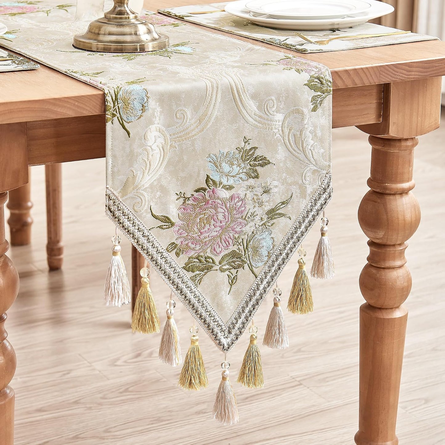 Loom and Mill European Jacquard Floral Table Runner 13x72 inch,Pearly Beige | Elegant Damask Dining Table Runners with