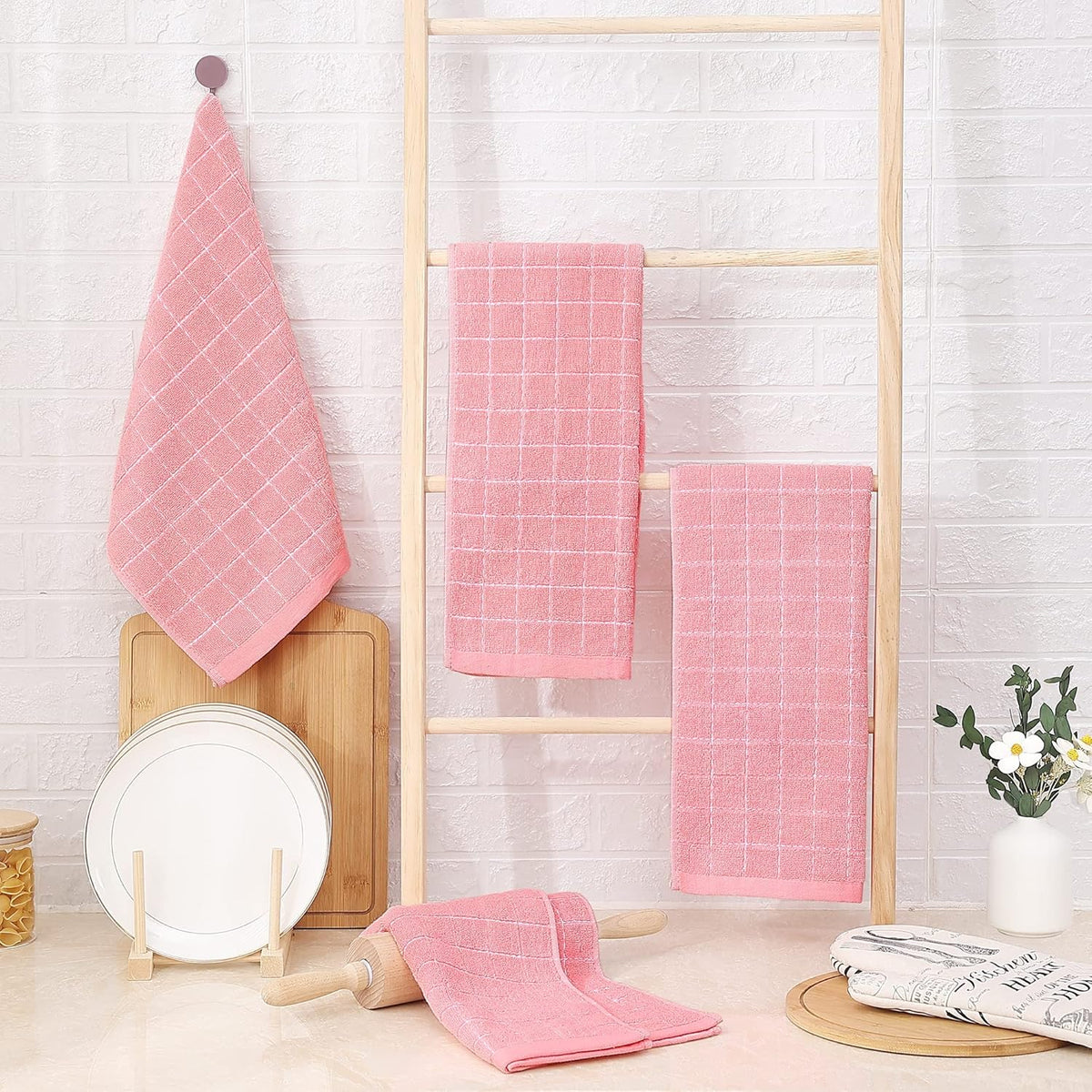 Homaxy 100% Cotton Terry Kitchen Towels, 18 Pack, Pink | Ultra Soft and Absorbent Dish Towels for Kitchen, Suitable for