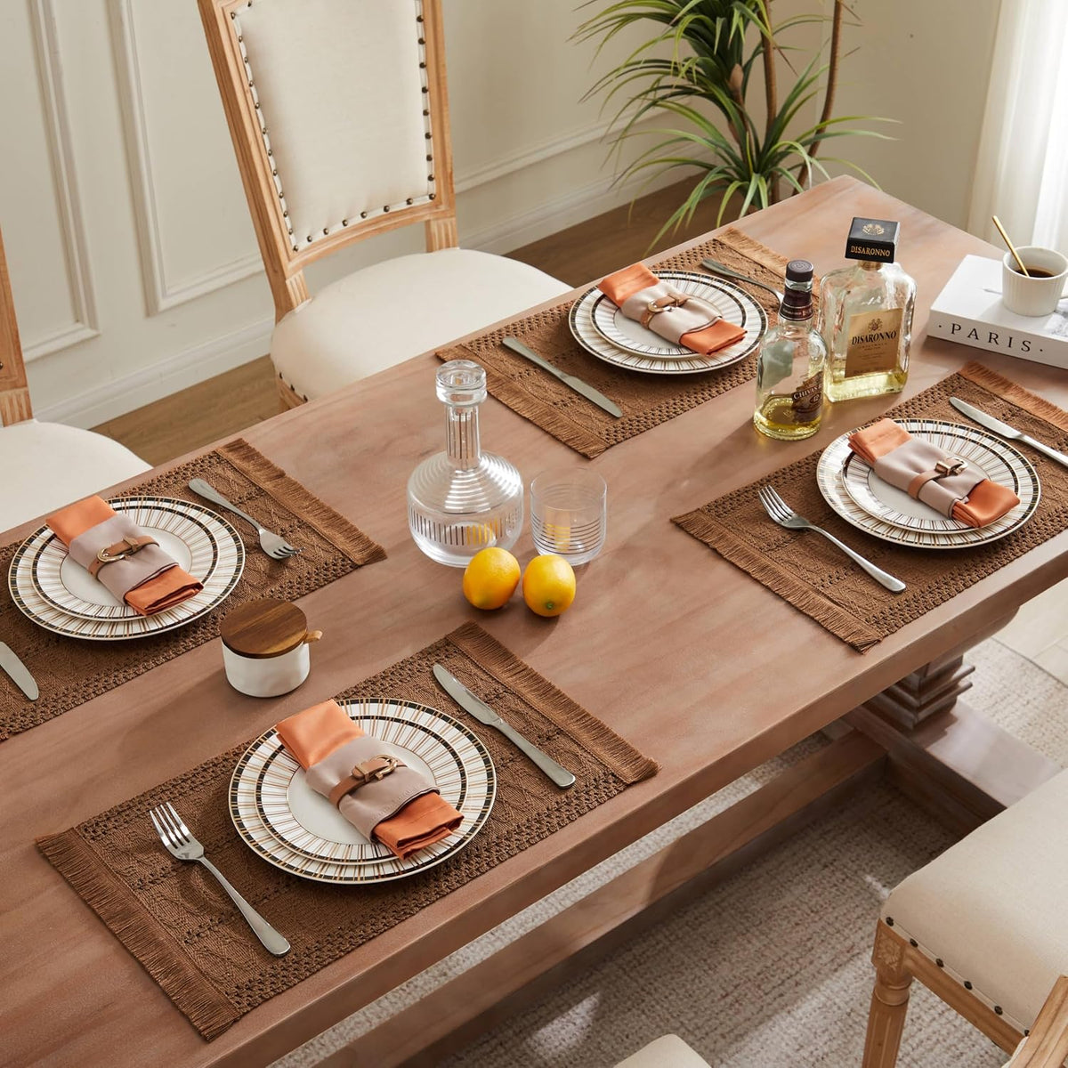Macrame Style Boho Placemats Set of 6, Caramel 12x20 Inch | Decorative Farmhouse Table Mats, Natural Cotton Woven Place