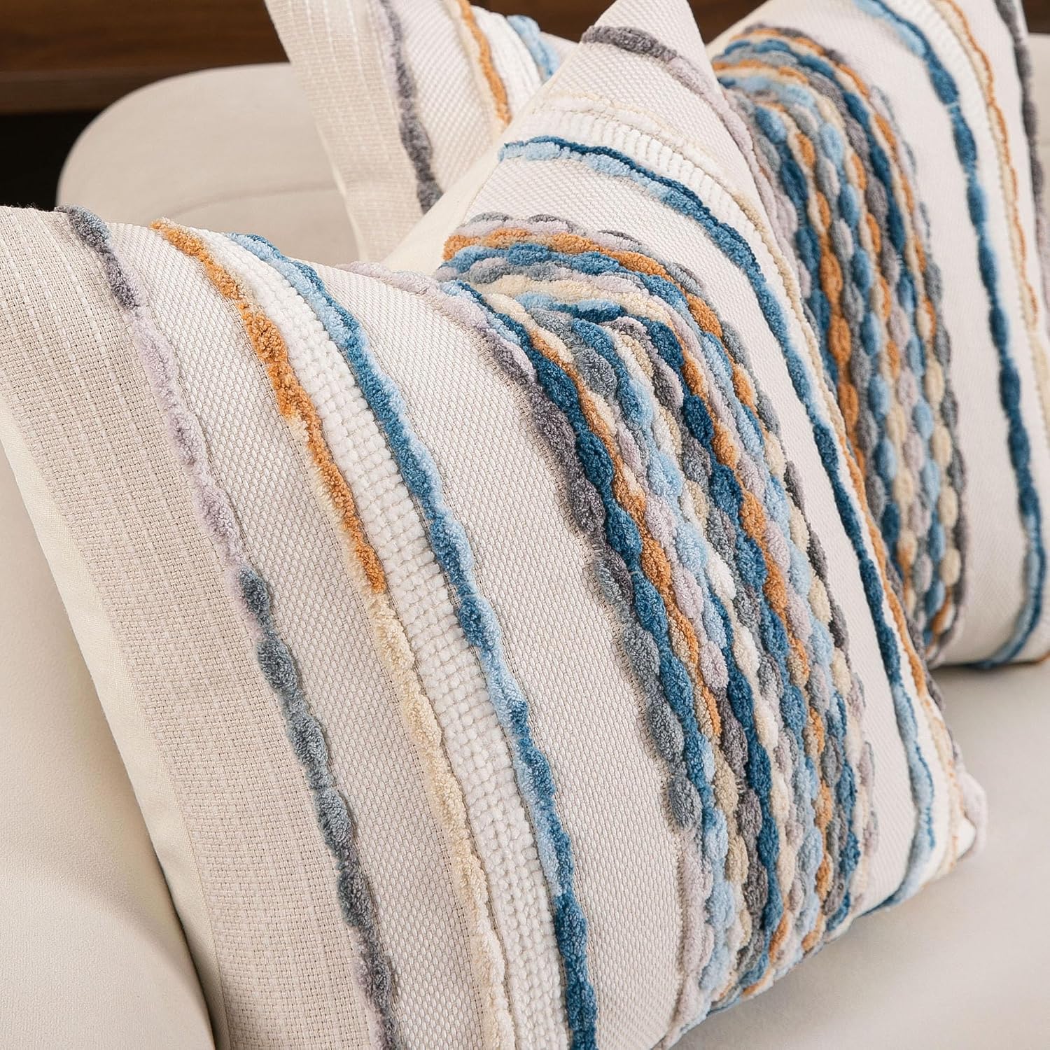 Boho Striped Throw Pillow Covers Farmhouse Square / Caramel Brown Blue / 18 x 18 / Set of 2