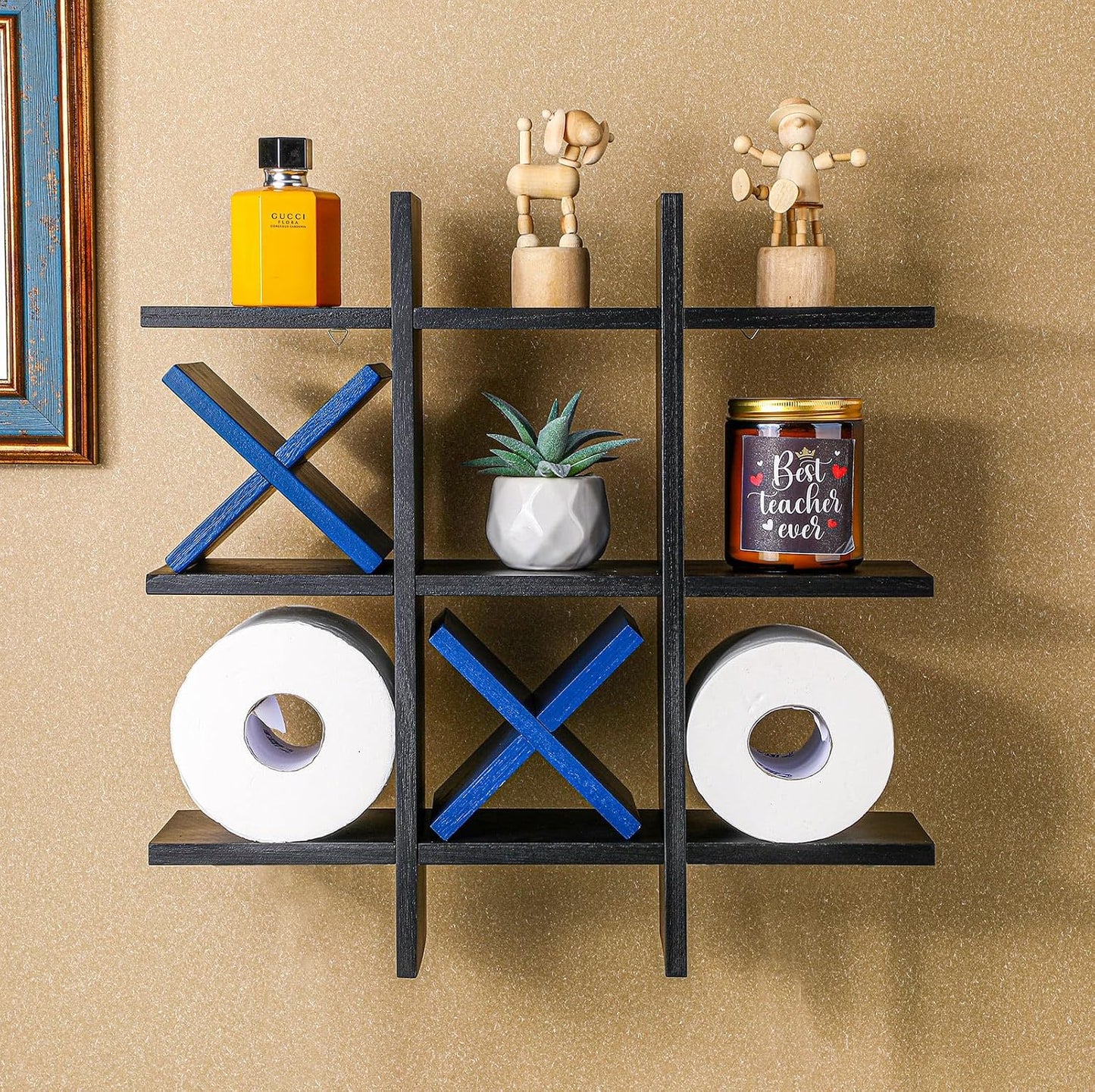 Weysat Tic Tac Toe Toilet Paper Holder,Black, Dark Blue | Farmhouse Bathroom Decor, Freestanding or Wall Mount Storage