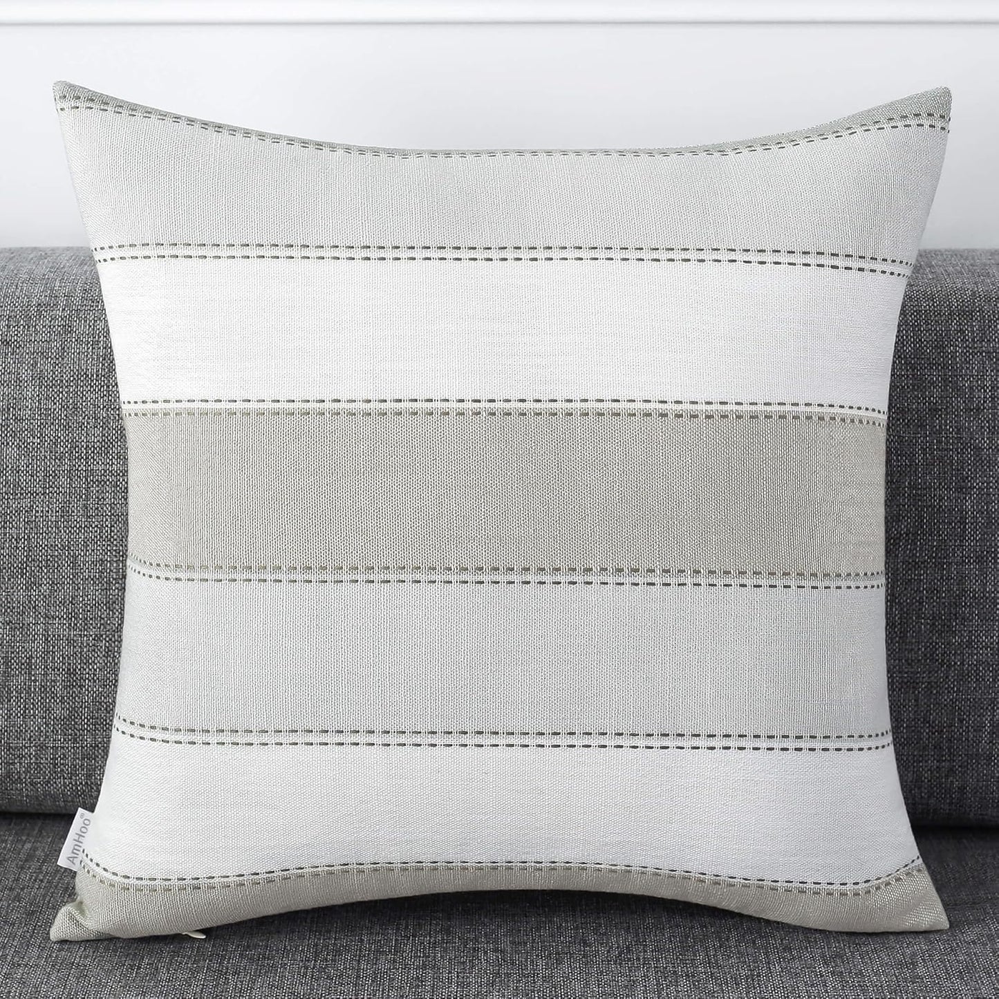 Farmhouse Stripe Check Throw Pillow Covers Set Case Cotton / 18 x 18 / Light Gray Beige / Set of 2
