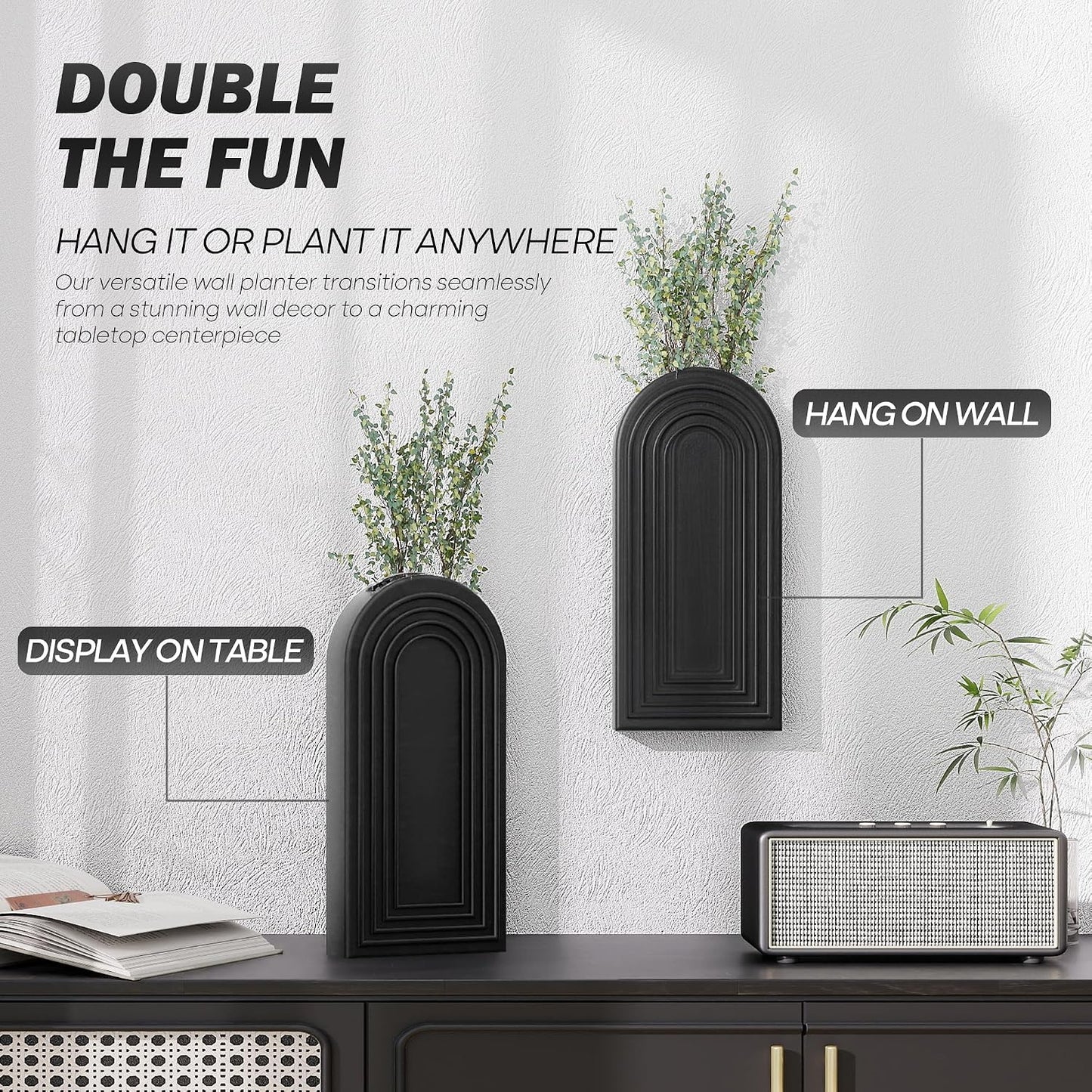 Pine Wood Wall Vases / Black / Set of 2