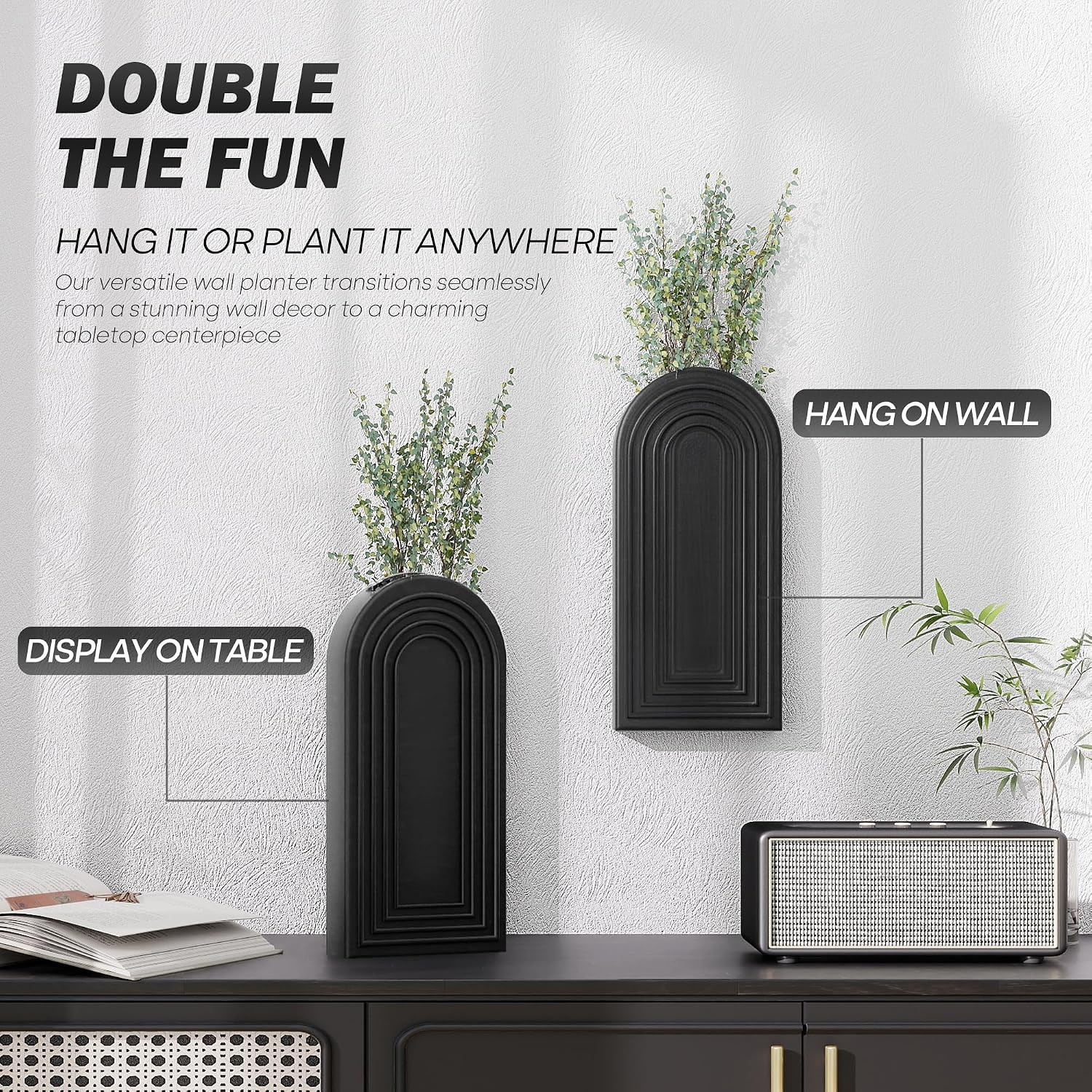 Pine Wood Wall Vases / Black / Set of 2