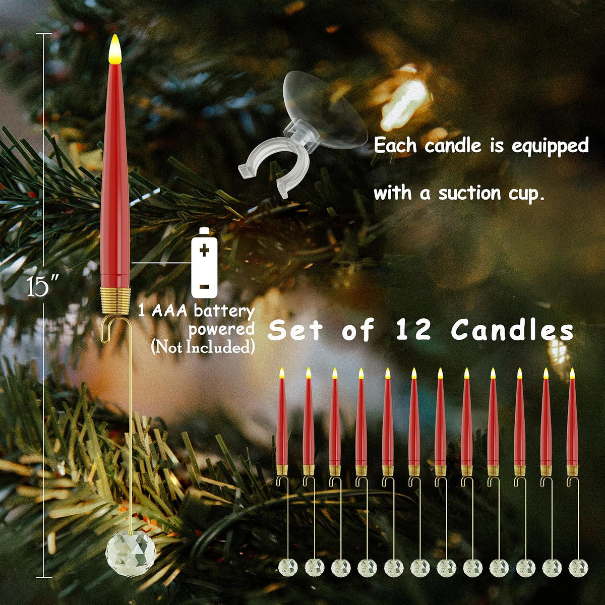 JOIONE Red Christmas Tree Candles, 12 Pcs Crystal Ball Tree Hanging Decor | Battery Operated, Remote Control, Crystal