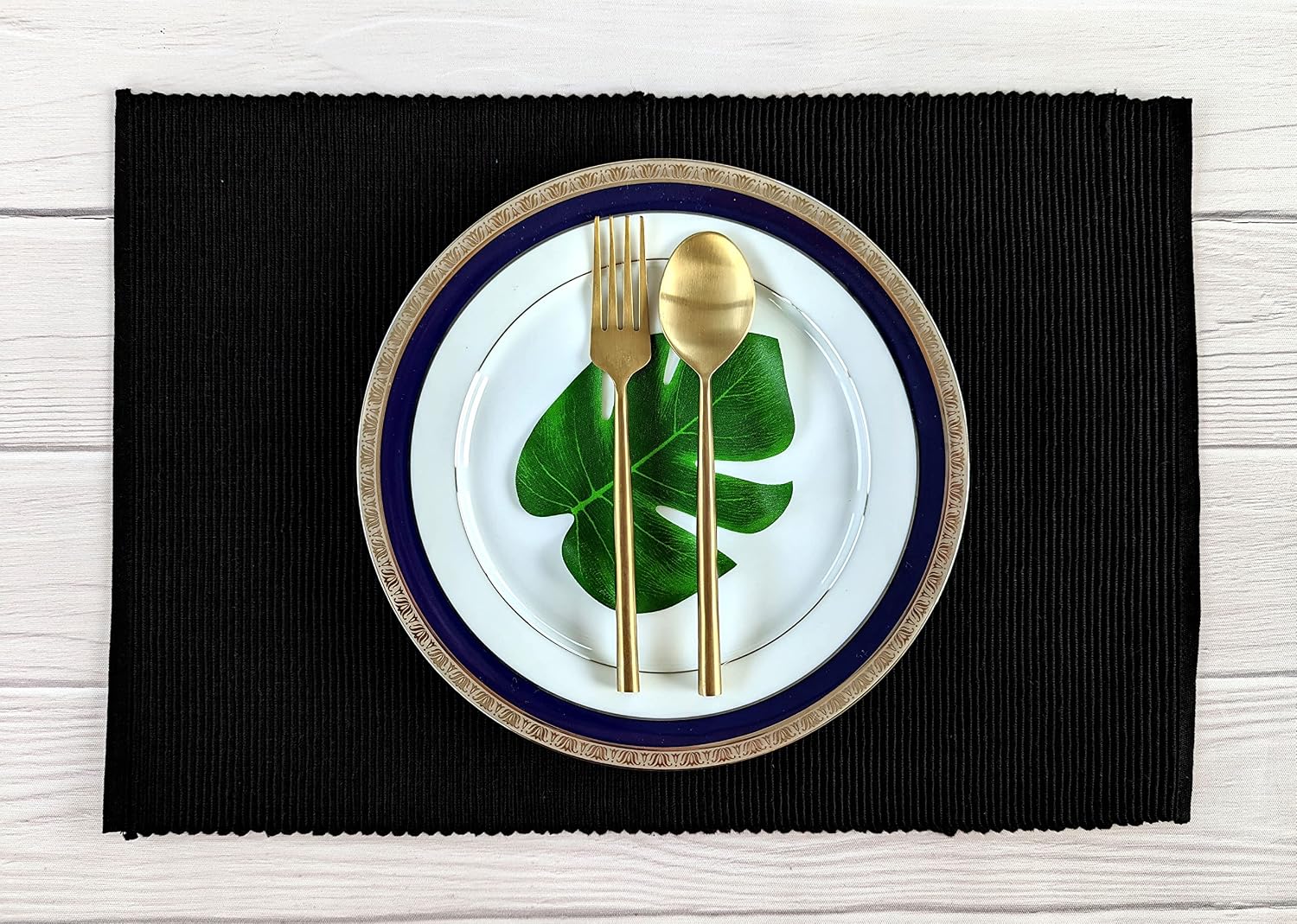 100% Cotton Ribbed Placemats - Set of 6-13 x 19 Inches - Black - Everyday Cloth Table Mats - Thick Construction