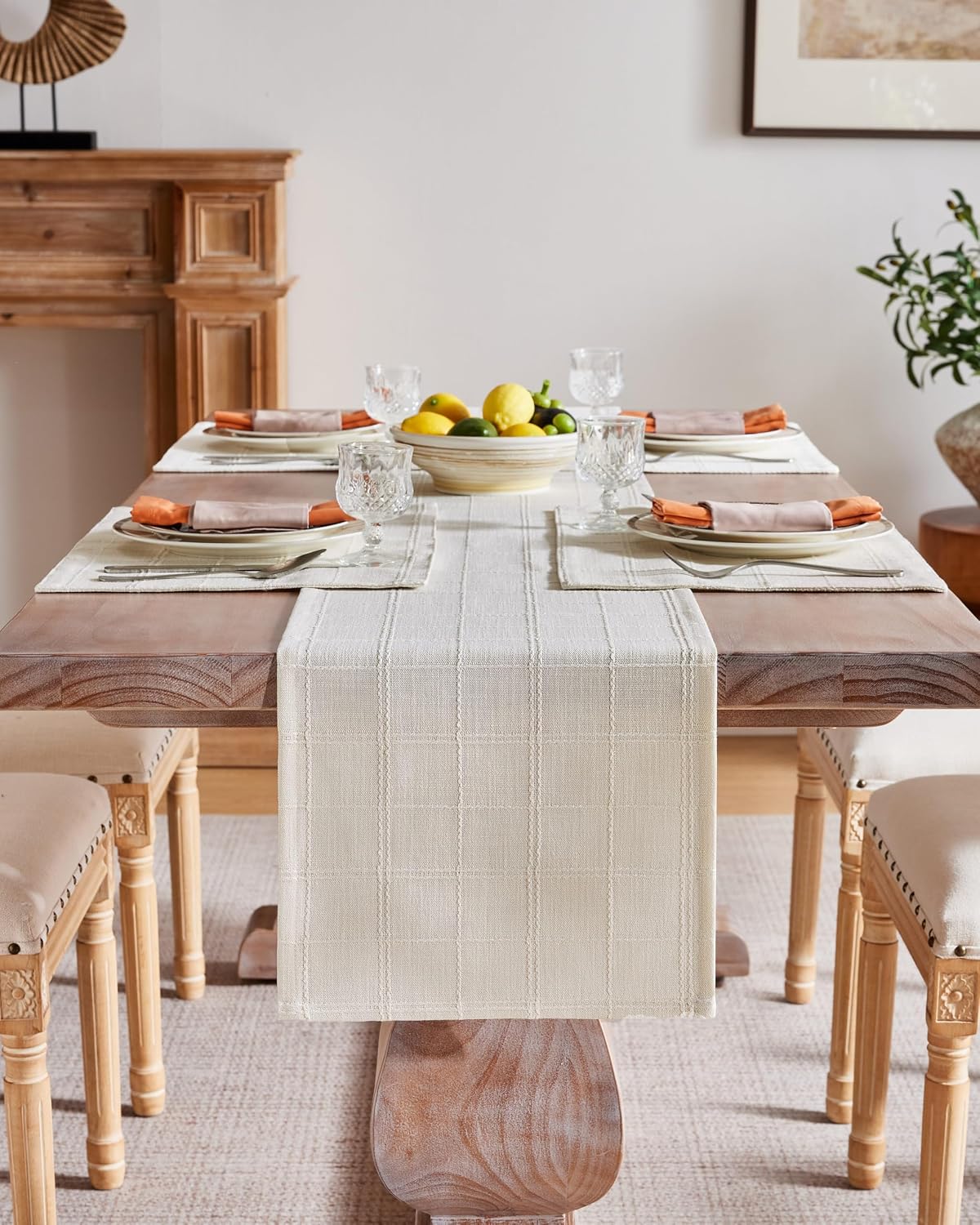 Linen Checked Farmhouse Placemats Set of 4, Ivory 13x19in | Double Layer, Reversible, Thick Textured Table Mats, Raised
