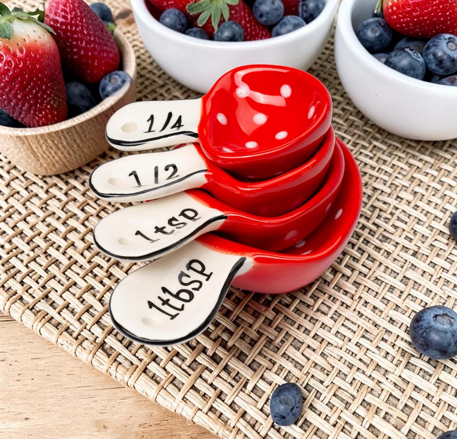 Fine Ceramic Woodland Fairy Mushroom Measuring Spoons / Red / Set of 4