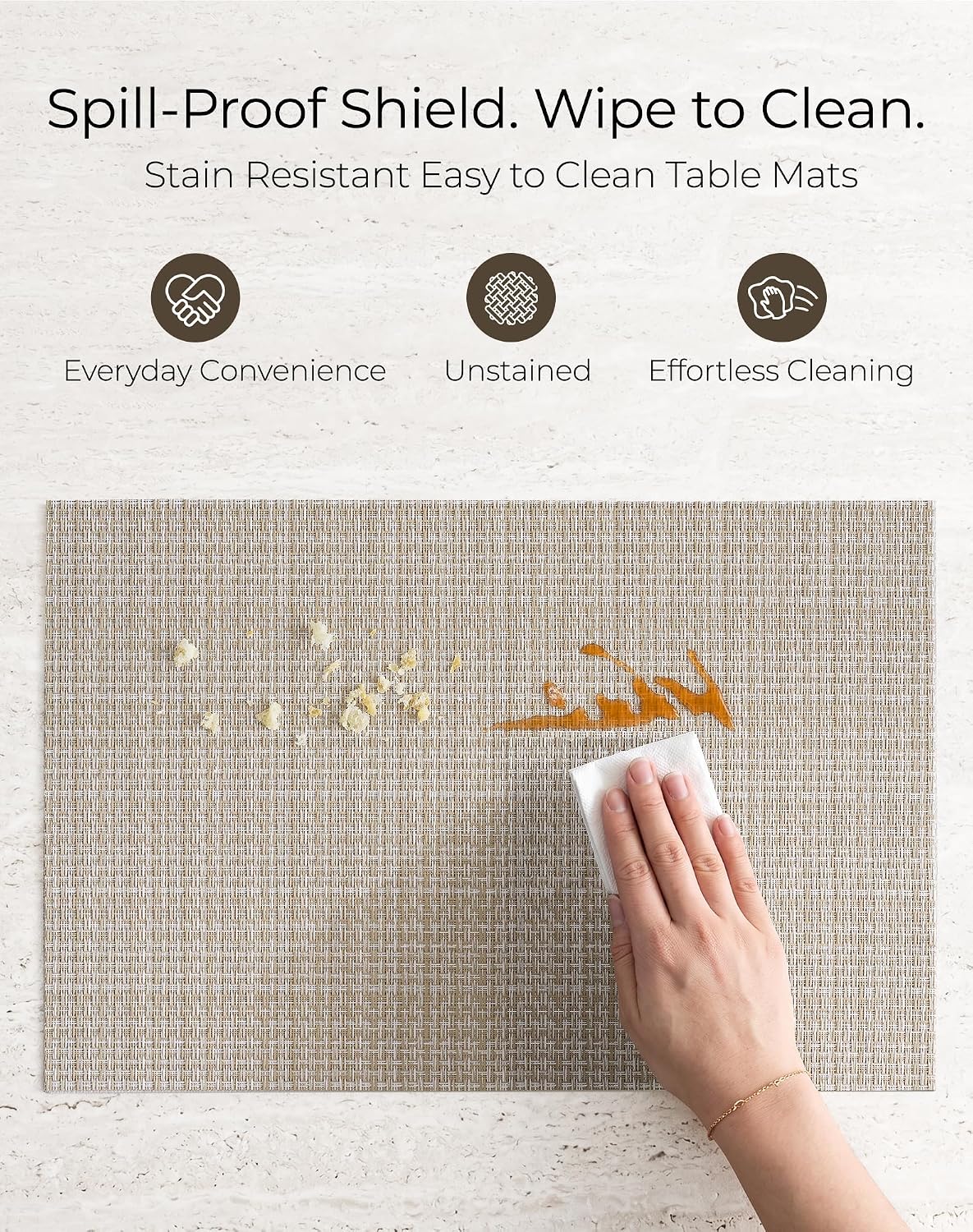 Leetaltree Woven Vinyl Placemats Set of 12, Beige | High Density, Basketweave Woven, Stain Resistant, Easy to Clean