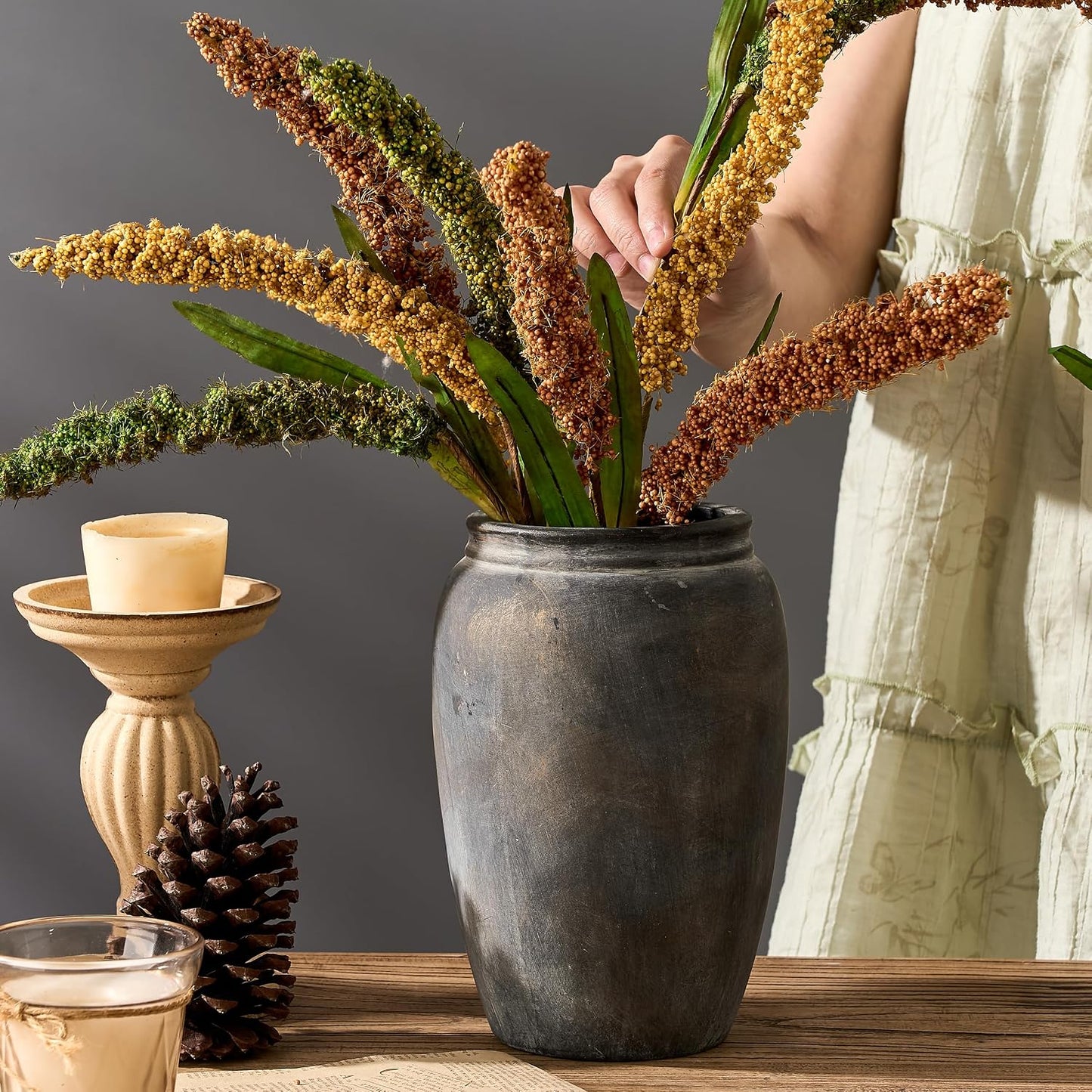 Ceramic Terracotta Rustic Vase Home Decor Farmhouse Decorative Vase / Black Bronze- 8.2 / 8.2 Inch