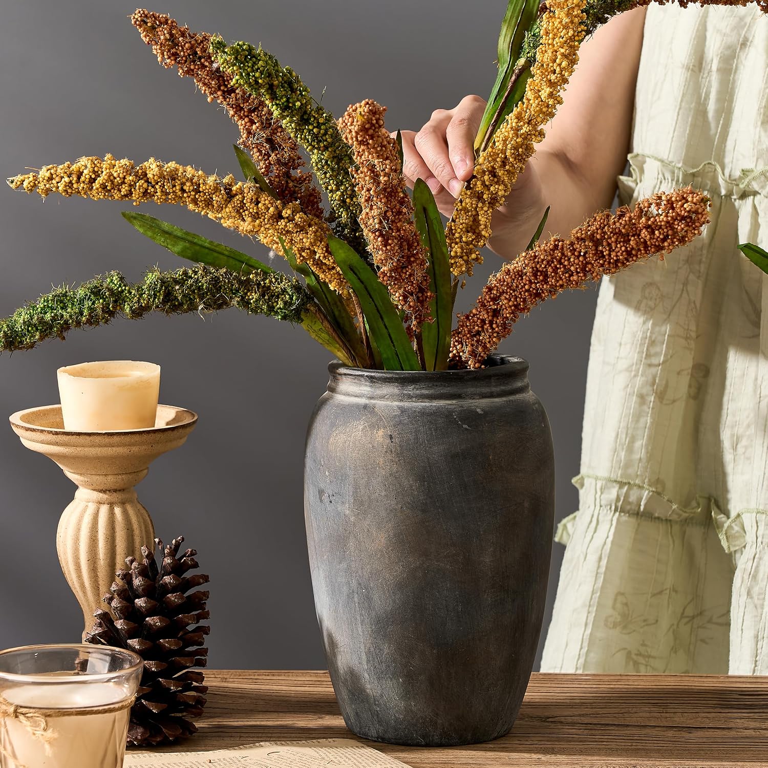 Ceramic Terracotta Rustic Vase Home Decor Farmhouse Decorative Vase / Black Bronze- 8.2 / 8.2 Inch