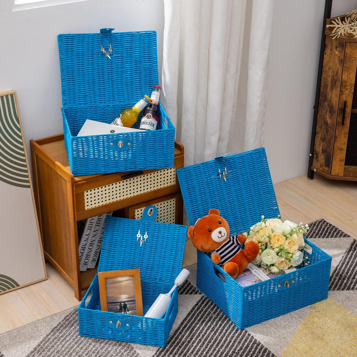 Woven Wicker Storage Basket Box / Blue / Set of 3
