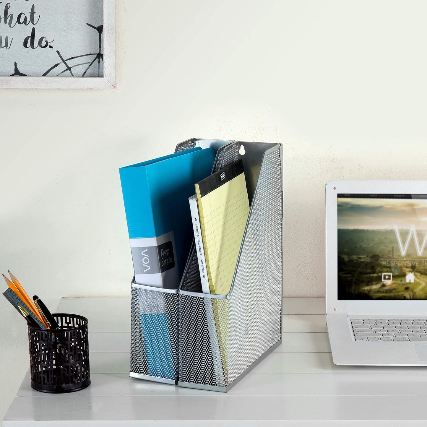 MyGift Silver Wire Mesh Document Holder, Wall Mounted or Desktop Magazine and File Rack, Set of 2