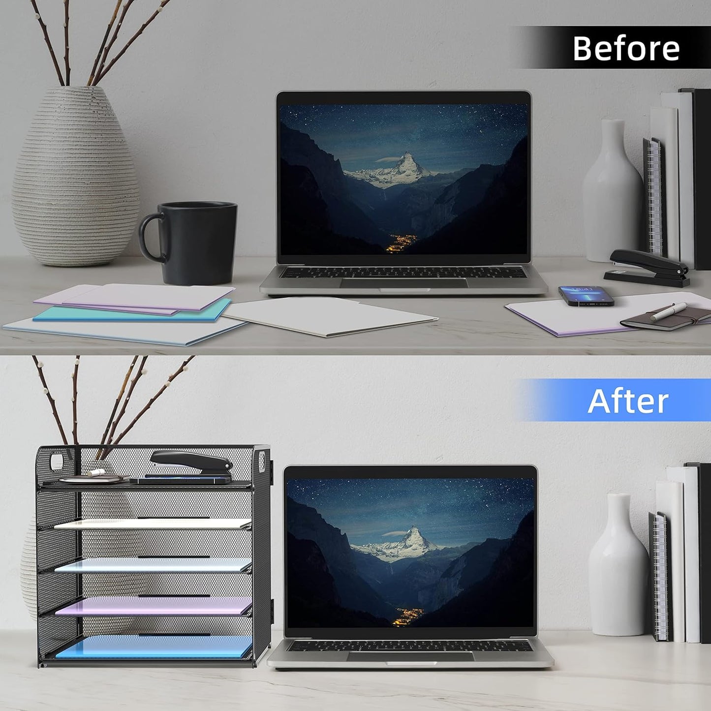2 Pack 5-Tier Desk Organizer with Handle Mesh Desk File/Paper Organizer Letter Tray for Office, School, Classroom and