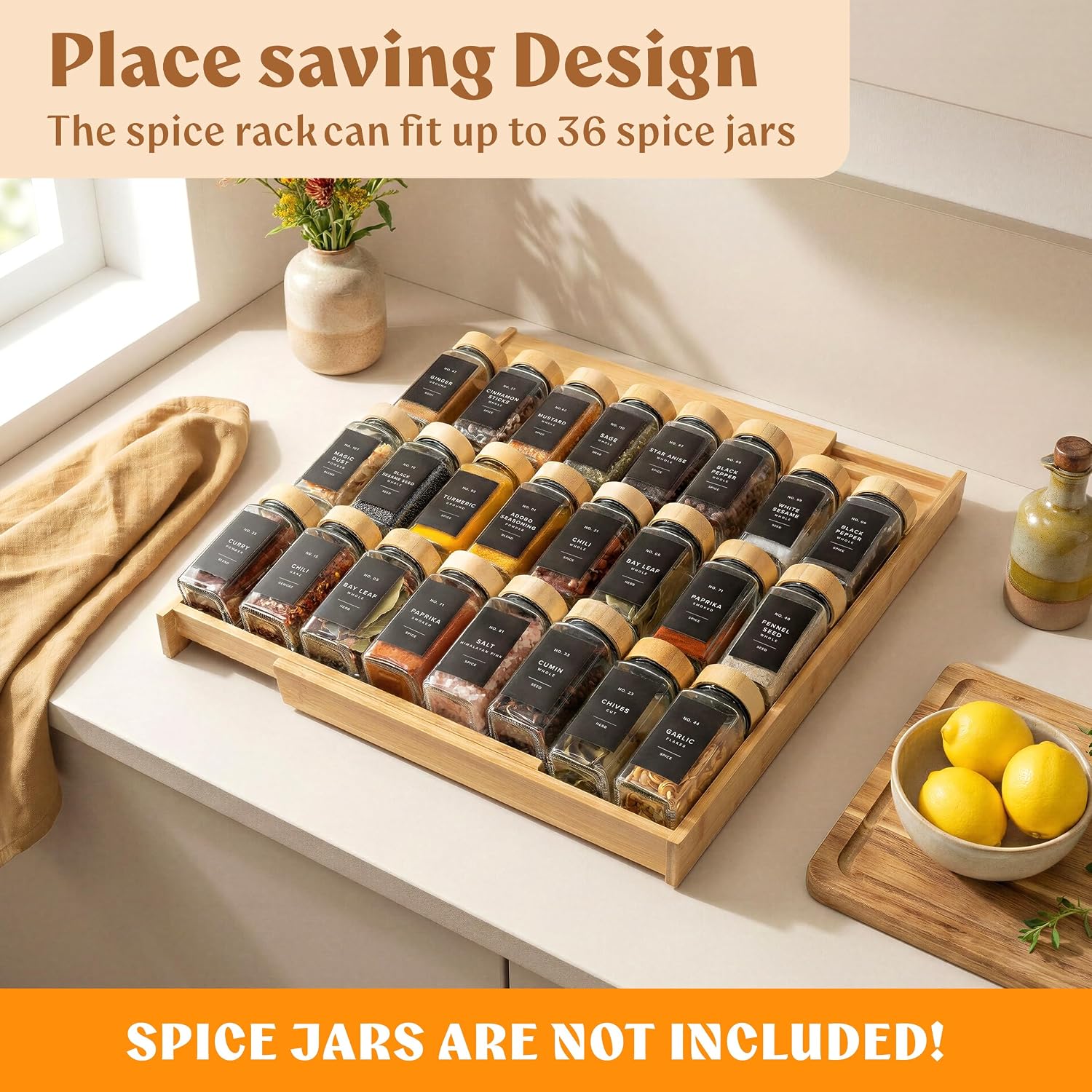 Bamboo Spice Drawer Organizer - Expandable 4 Tier Spice Rack (Need 3" Deep Drawer) 12" to 24" Wide, Seasoning