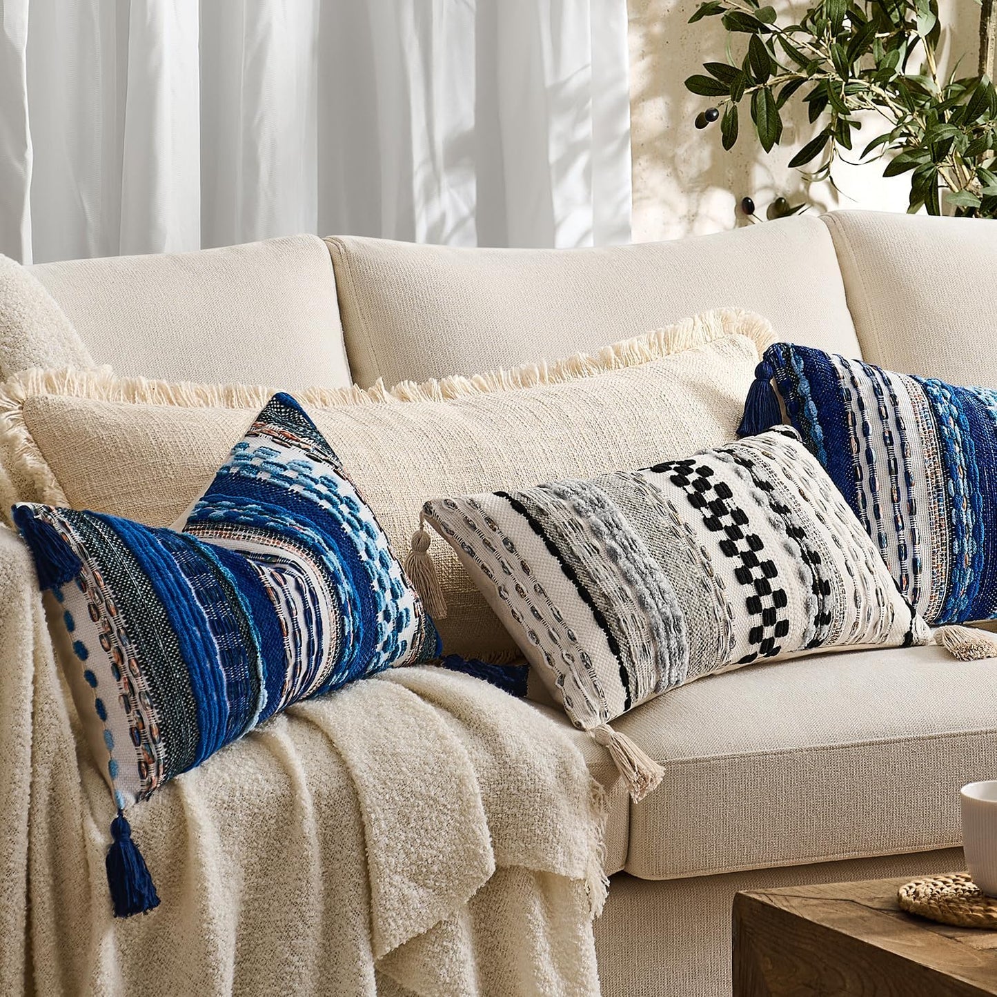 Kevin Textile Long Lumbar Pillow Cover Boho Decorative Rectangle Cushion Case Throw / 36 x 14 / Blue