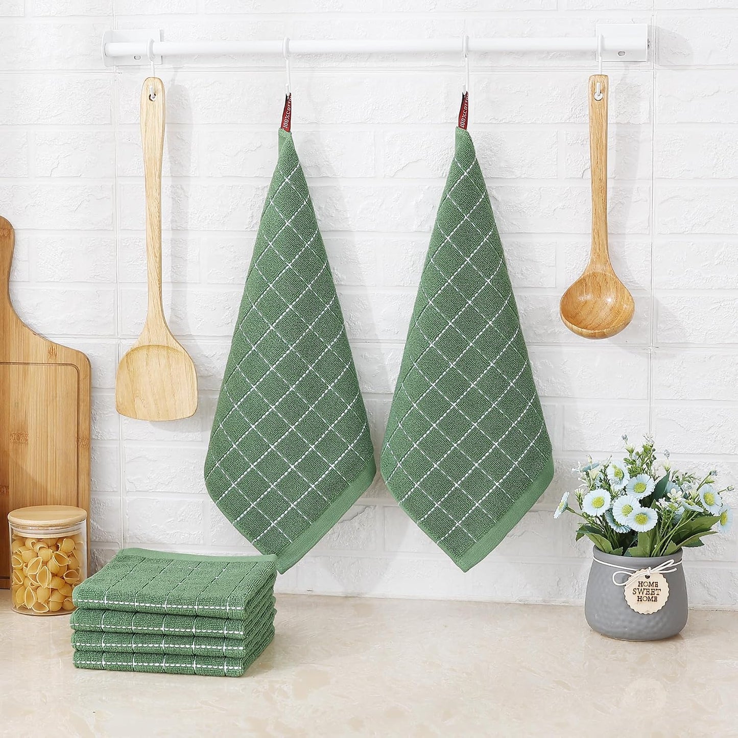 Homaxy 100% Cotton Terry Kitchen Dish Cloths, 12 Pack, Grass Green | Ultra Soft and Absorbent Dish Towels for Kitchen