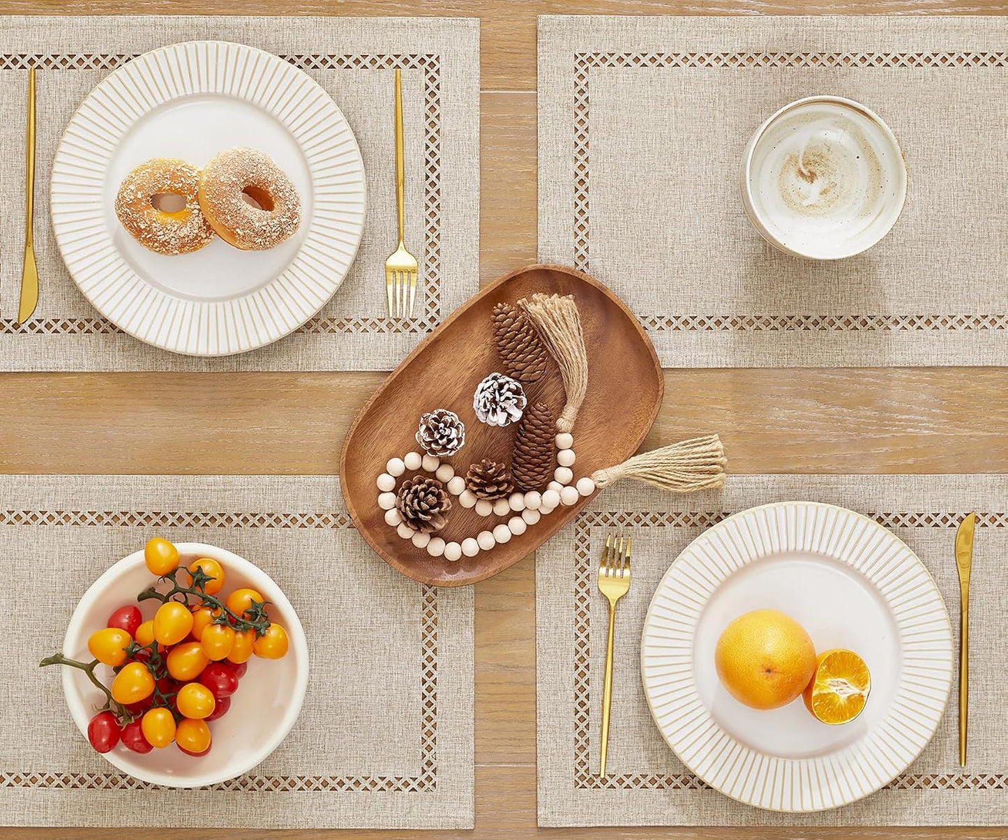 Farmhouse Burlap Place Mats, Coffee Placemats Set of 6, 12 x 18 Inch | Double Layer, Thick Textured Lattice Cutwork
