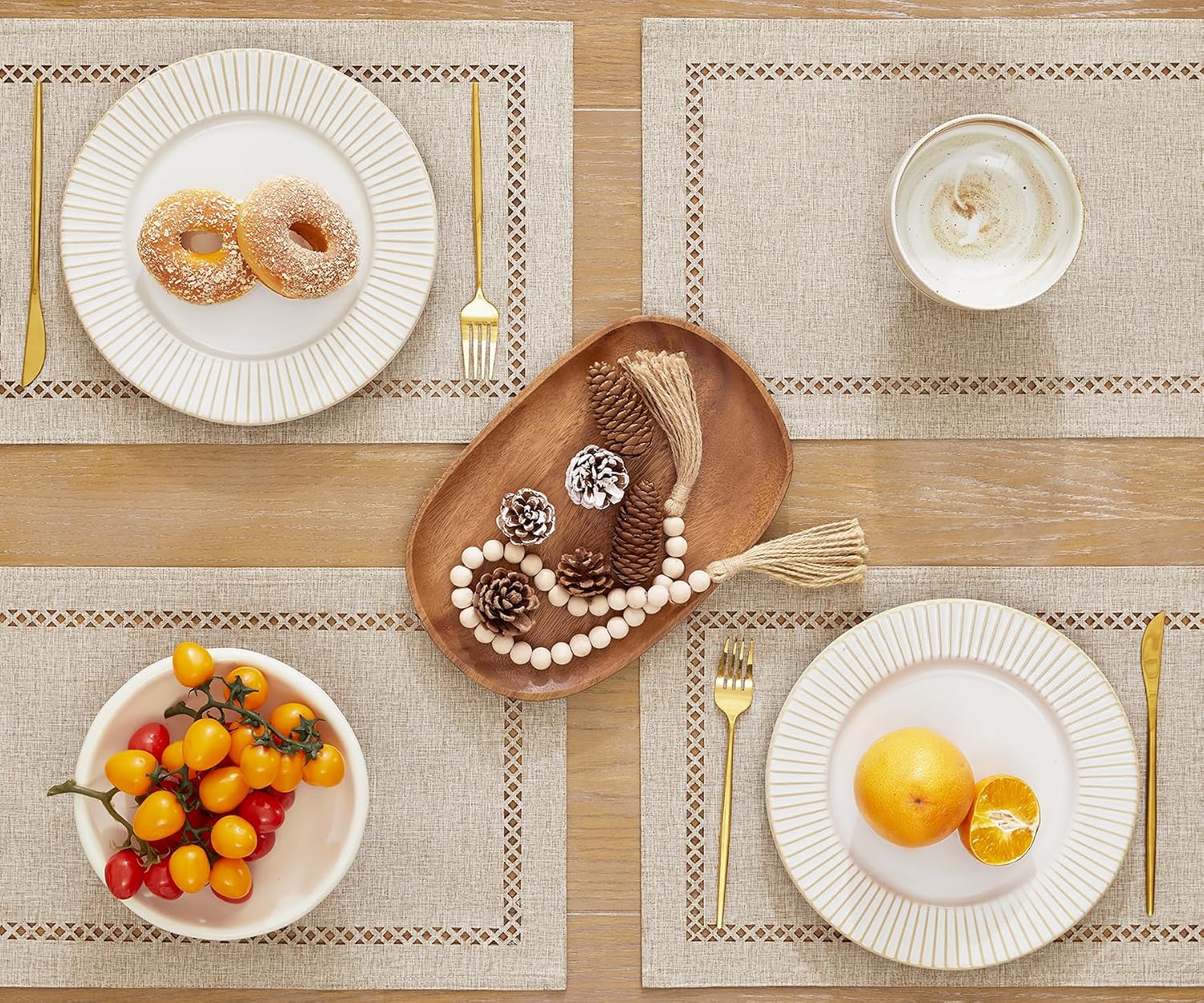 Farmhouse Burlap Place Mats, Coffee Placemats Set of 6, 12 x 18 Inch | Double Layer, Thick Textured Lattice Cutwork