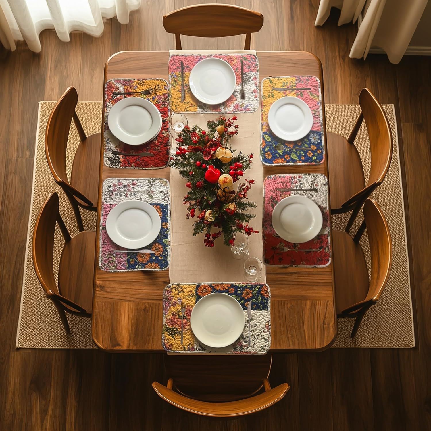 6-Piece Floral Patchwork Quilted Placemats, Original | 13 x 19 inch, reversible quilted cotton, six distinctive