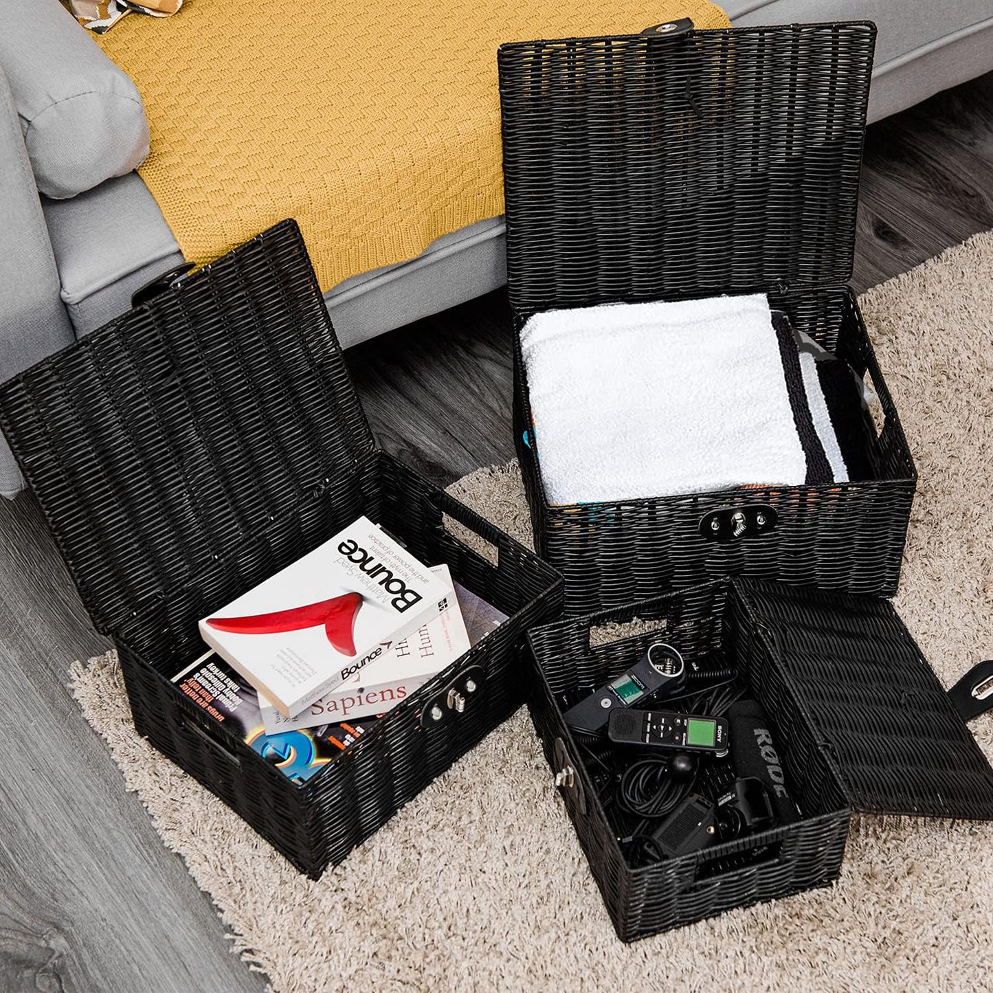 Woven Wicker Storage Basket Box / Black / Set of 3