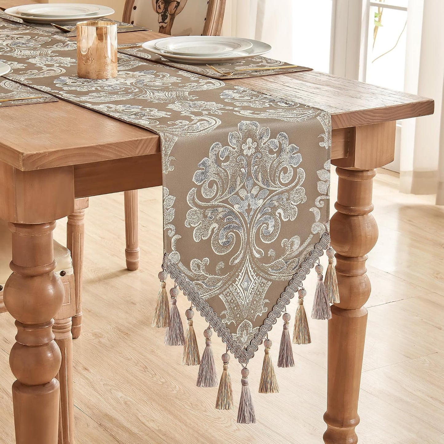 Loom and Mill Damask Floral Table Runner 72 Inches Long, Light Coffee | Luxury Jacquard Dining Table Runner with