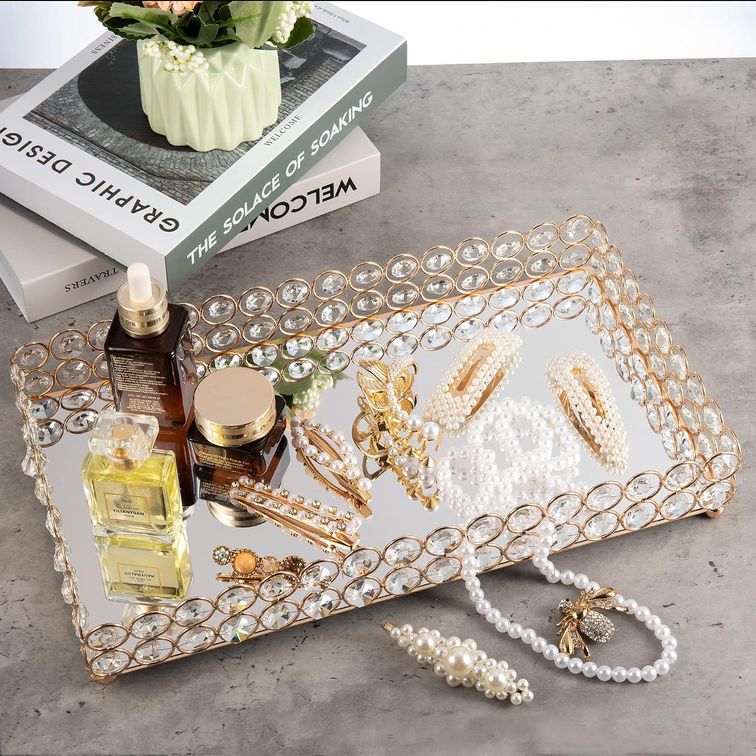 Crystal Perfume Fragrance Tray Cosmetic Makeup Vanity Tray Jewelry Trinket Ring Earring / Gold