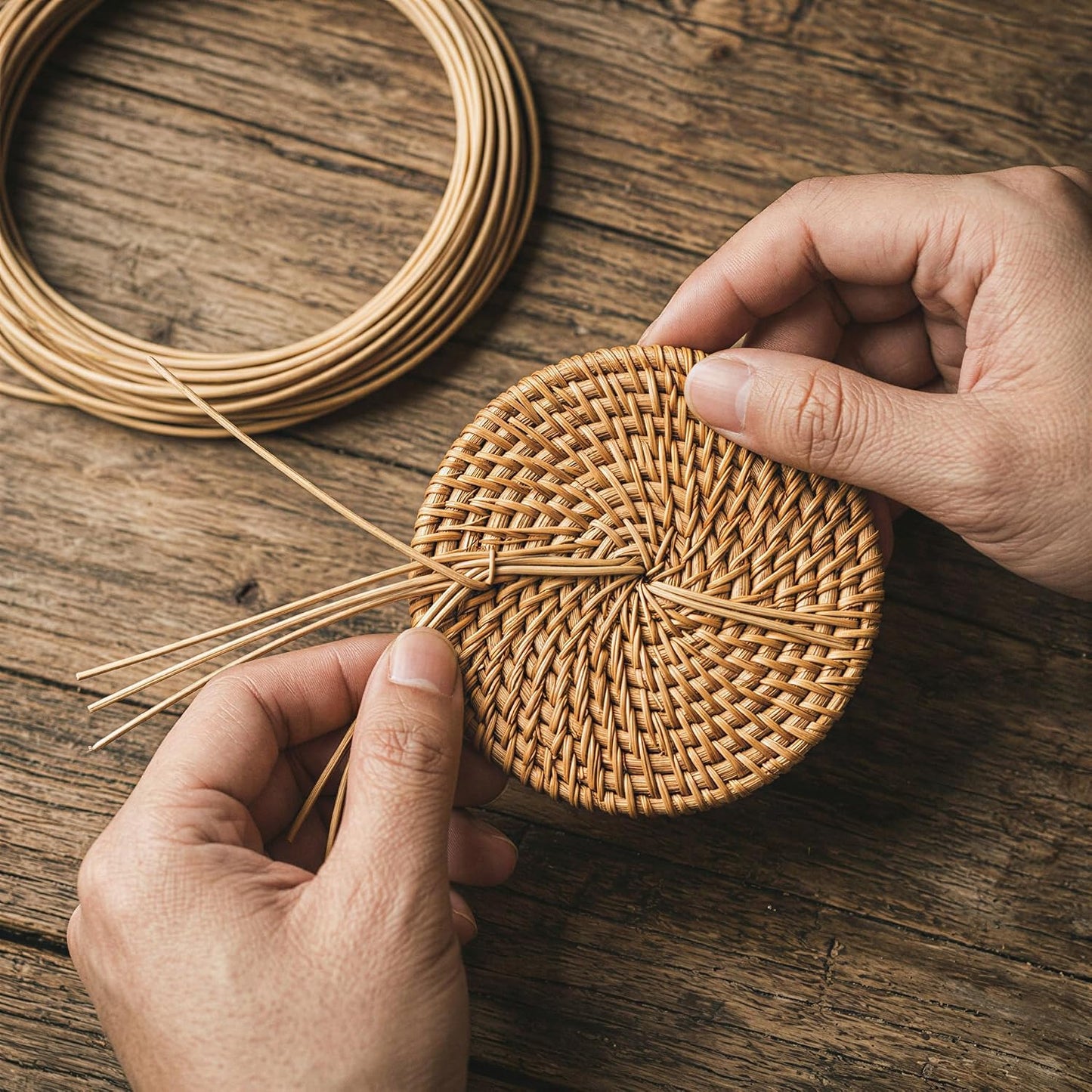 Handmade Rattan Coasters for Drinks & Holder • Natural Round Woven / Natural Honey / Set of 6