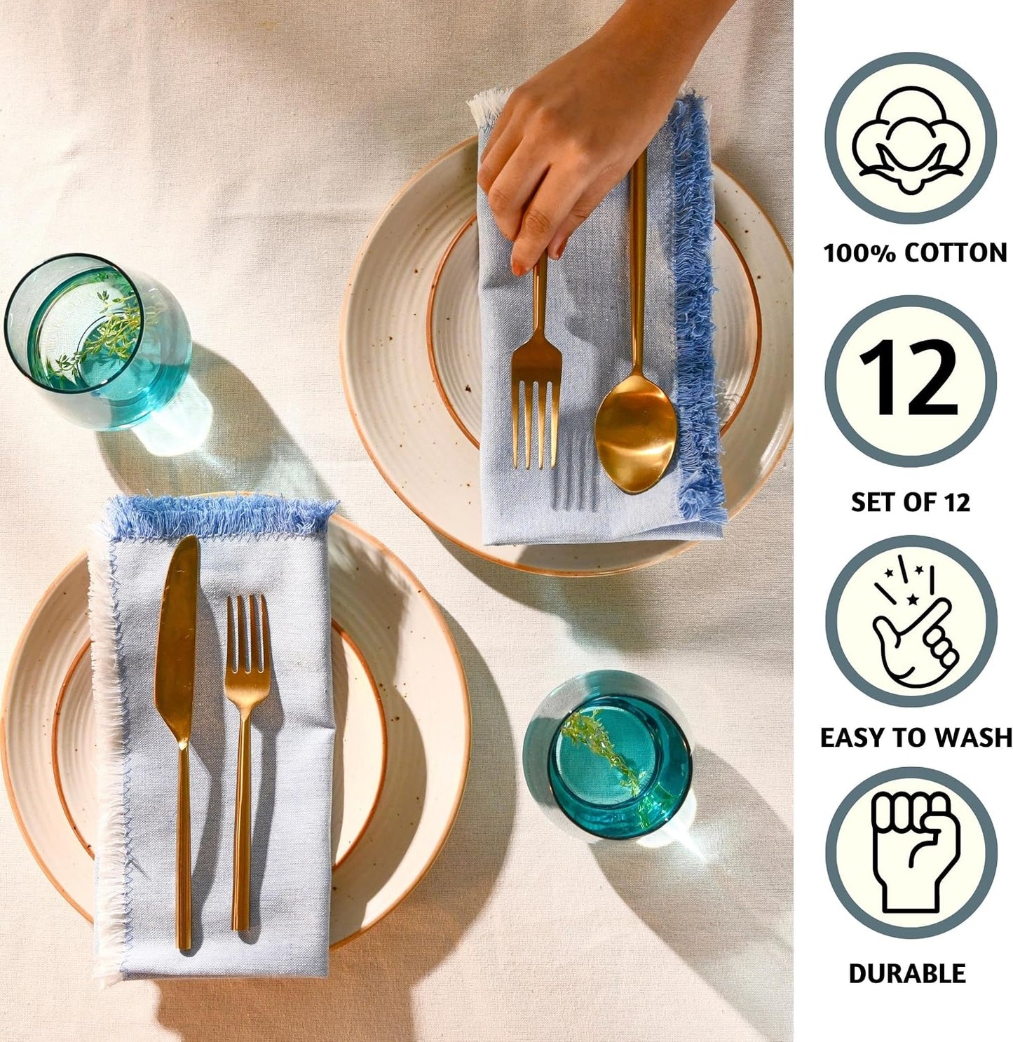 Folkulture Cloth Napkins, Set of 12, Fringe Blue (18x18 Inch) | 100% Cotton, Decorative, Machine Washable, Soft