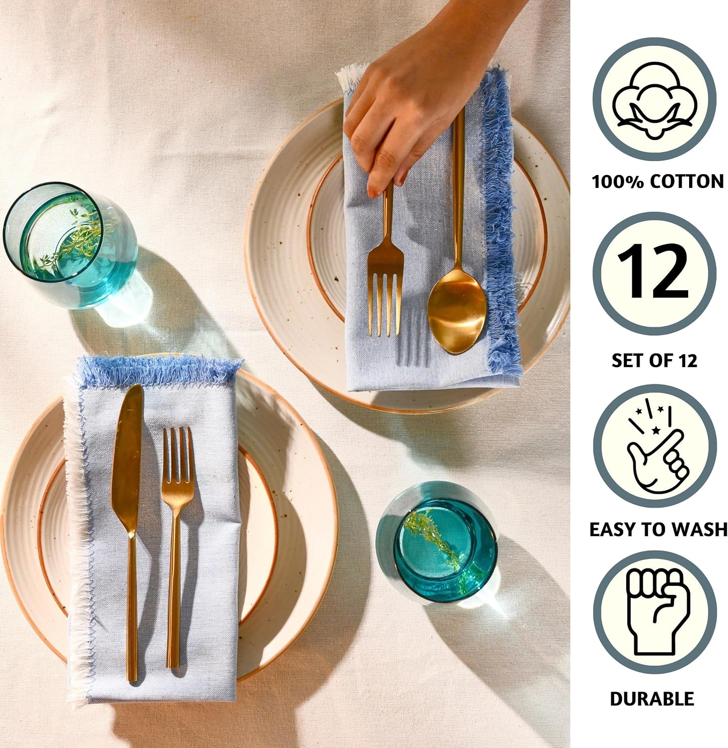 Folkulture Cloth Napkins, Set of 12, Fringe Blue (18x18 Inch) | 100% Cotton, Decorative, Machine Washable, Soft