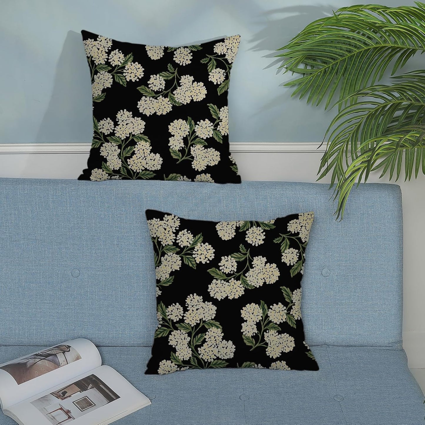 Black Spring Pillow Covers Green Hydrangea Flower Decor Throw / 18 x 18 / Black Hydrangea / Set of 2