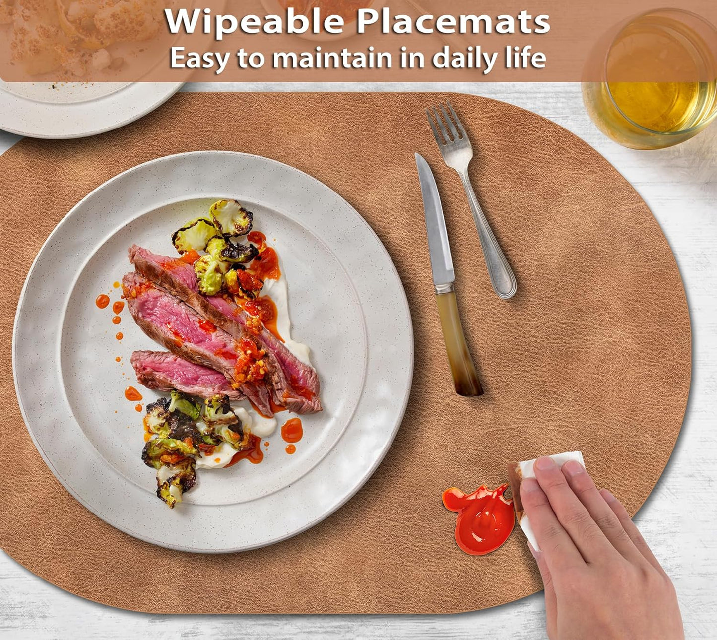 ADRIMER Placemats, Heat Resistant Oval Placemats Set of 12 Washable 12 x 17 Inch, Waterproof Table Mats, Wipeable Pu