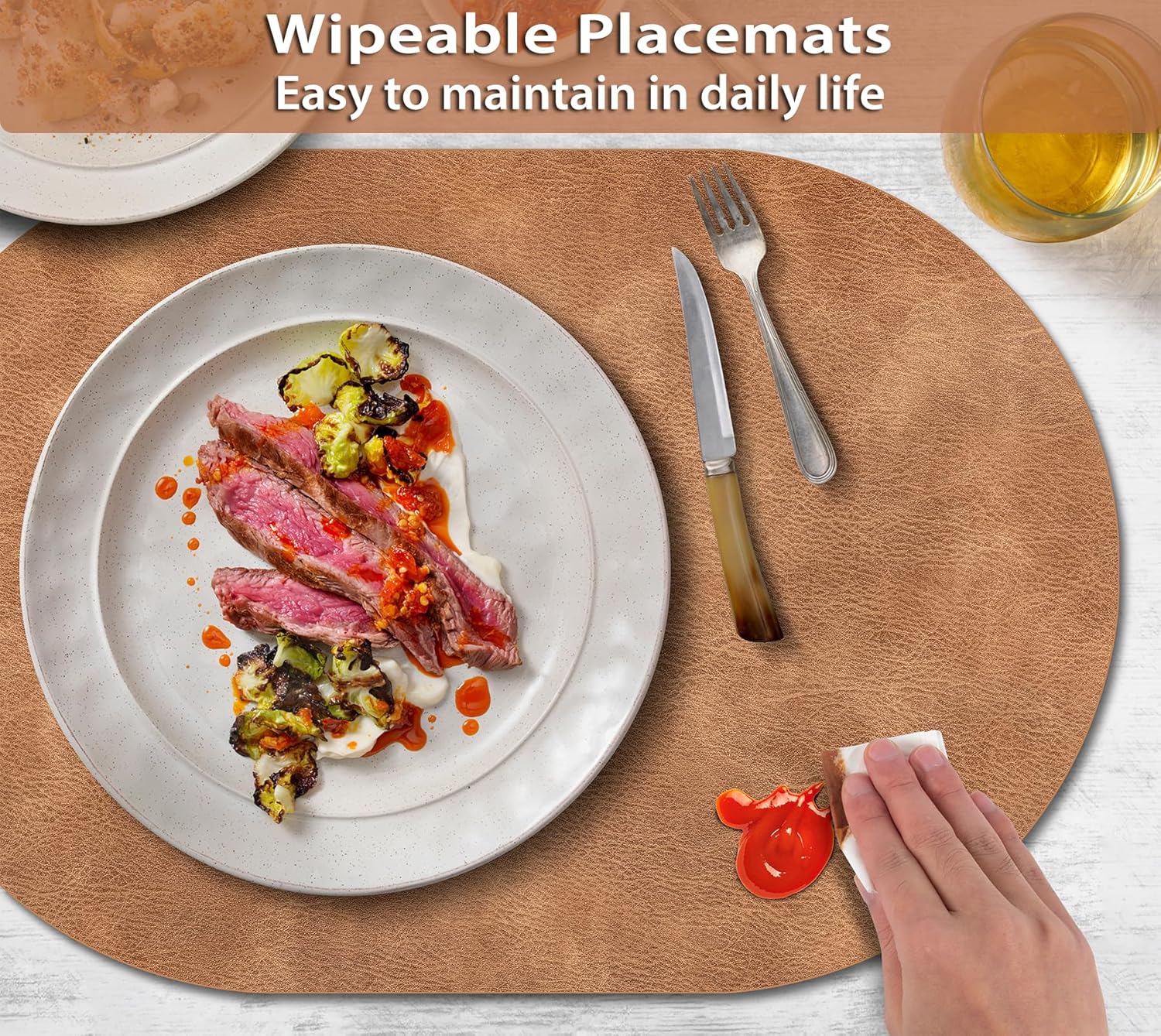 ADRIMER Placemats, Heat Resistant Oval Placemats Set of 12 Washable 12 x 17 Inch, Waterproof Table Mats, Wipeable Pu