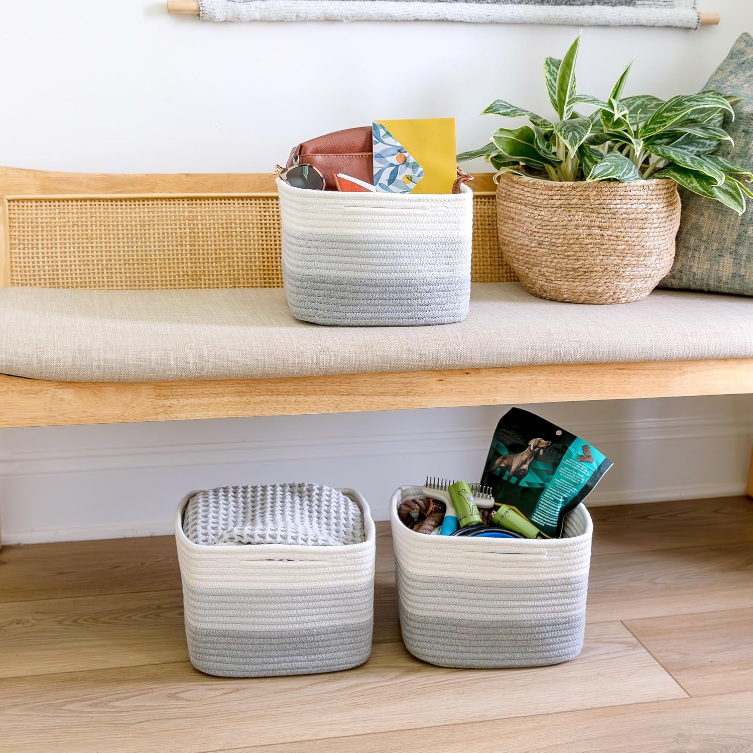 Storage Cubes "Cotton Rope Woven Baskets for Organizing / 3-tone Gray / 9 x 9 x 7 / Set of 3