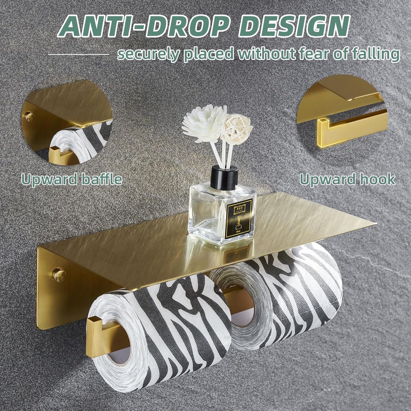 APLusee Brushed Gold Double Toilet Paper Holder with Shelf, Wall Mounted | 304 Stainless Steel, Rust-resistant Tissue