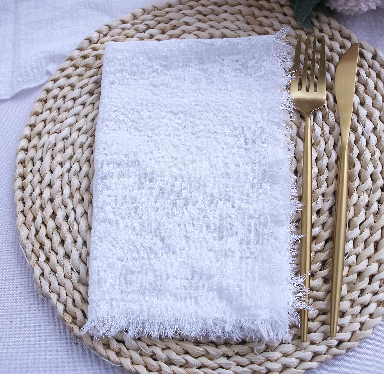 Cloth Napkins with Fringe Set of 12, Soft Cotton, 16 x 16 Inches, White | Boho Rustic Dinner Napkins, Reusable Washable