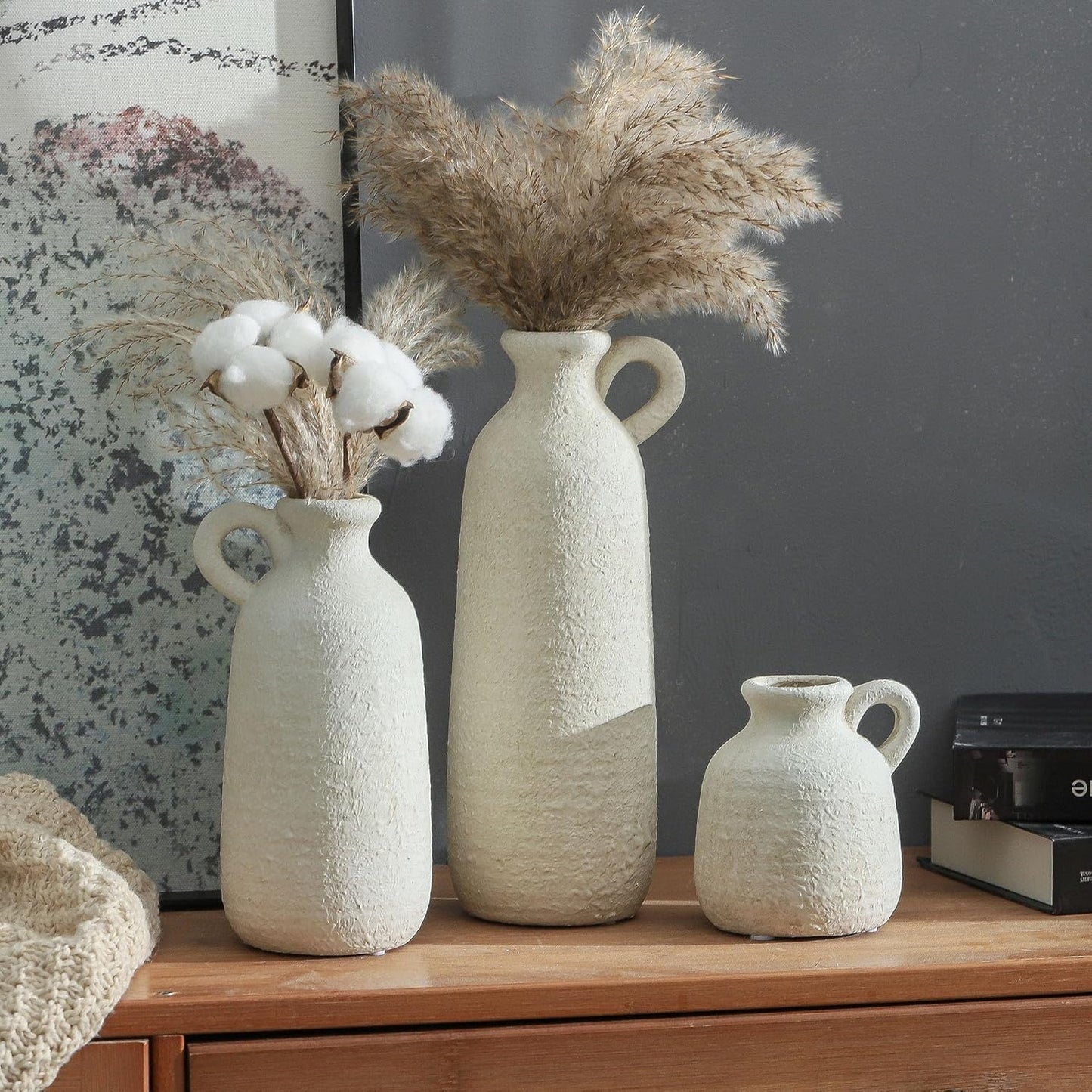 Ceramic Vase / 010 Vase Set with Handle - White / Set of 3