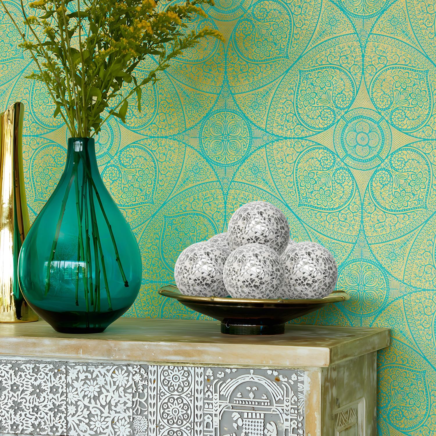 Decorative Balls Set / 6cm Small Mosaic Spheres Glass Orbs / Silver White / 2.4 Inch / Set of 6